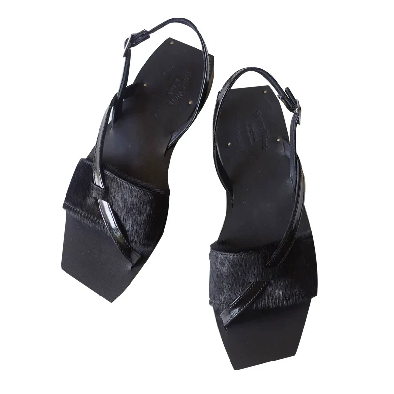 Horsehair Leather Cross Strap Sandals