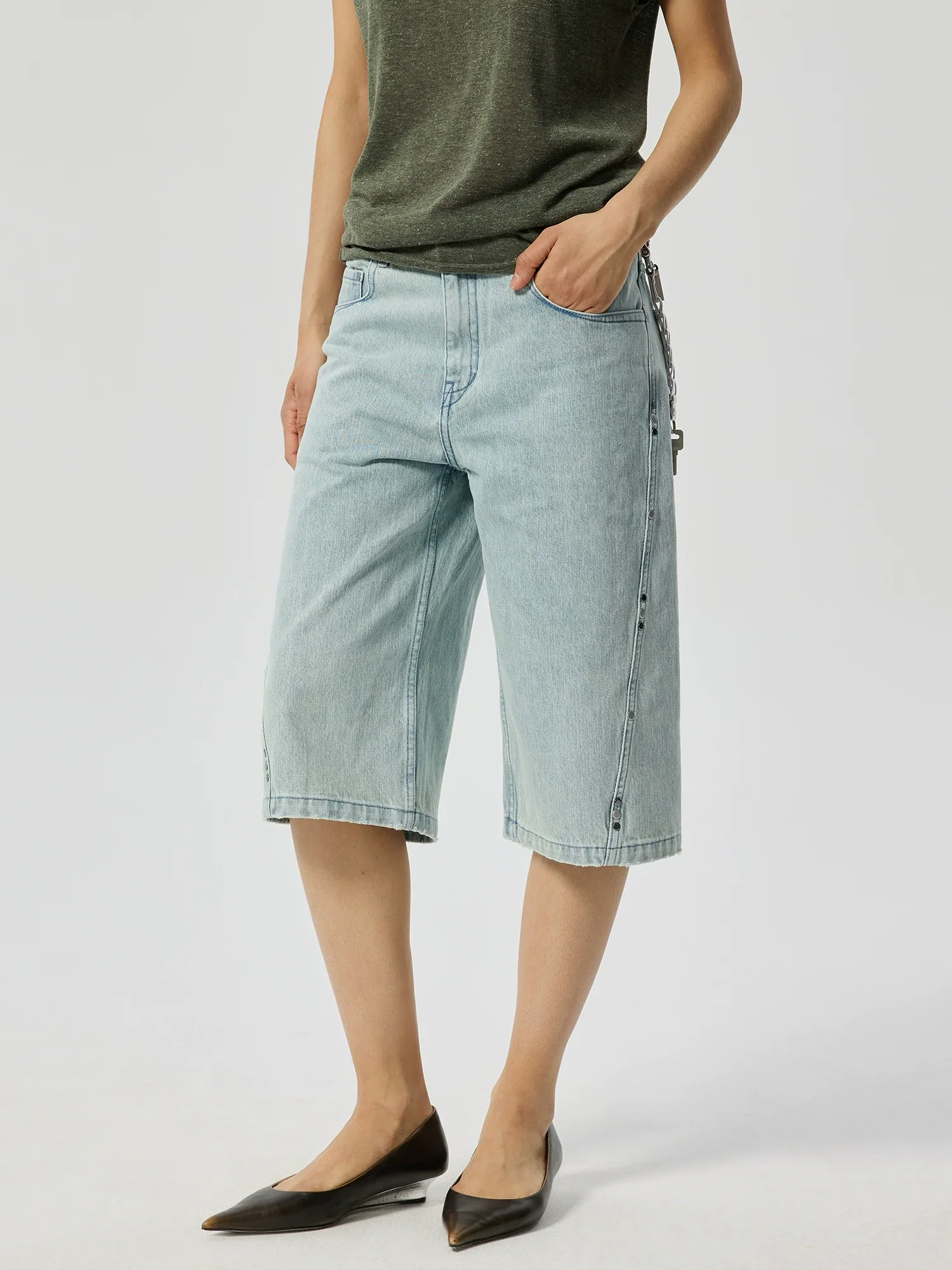 Ice Blue Rivet Bermuda Shorts