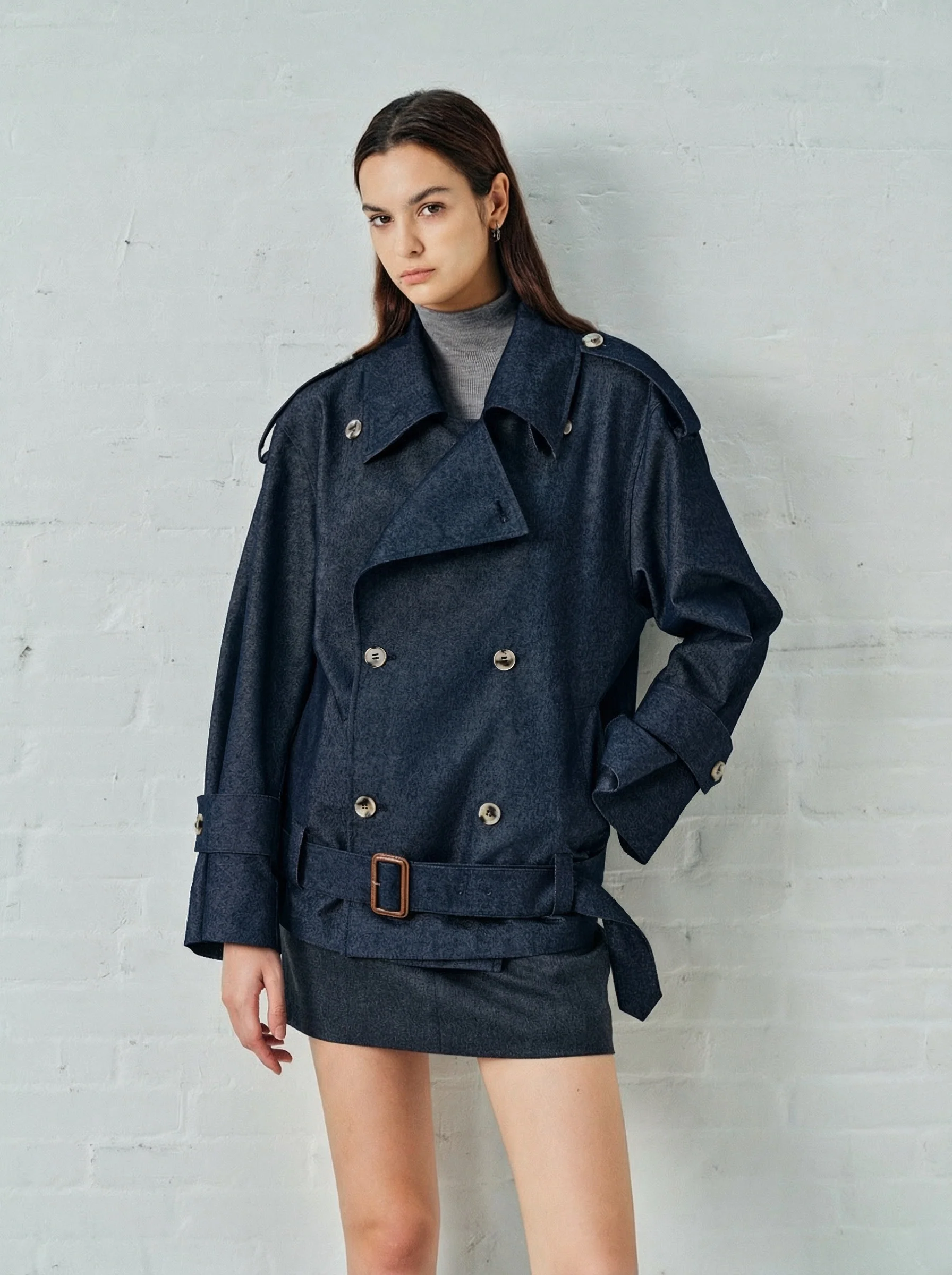 Indigo Faux Denim Trench Jacket