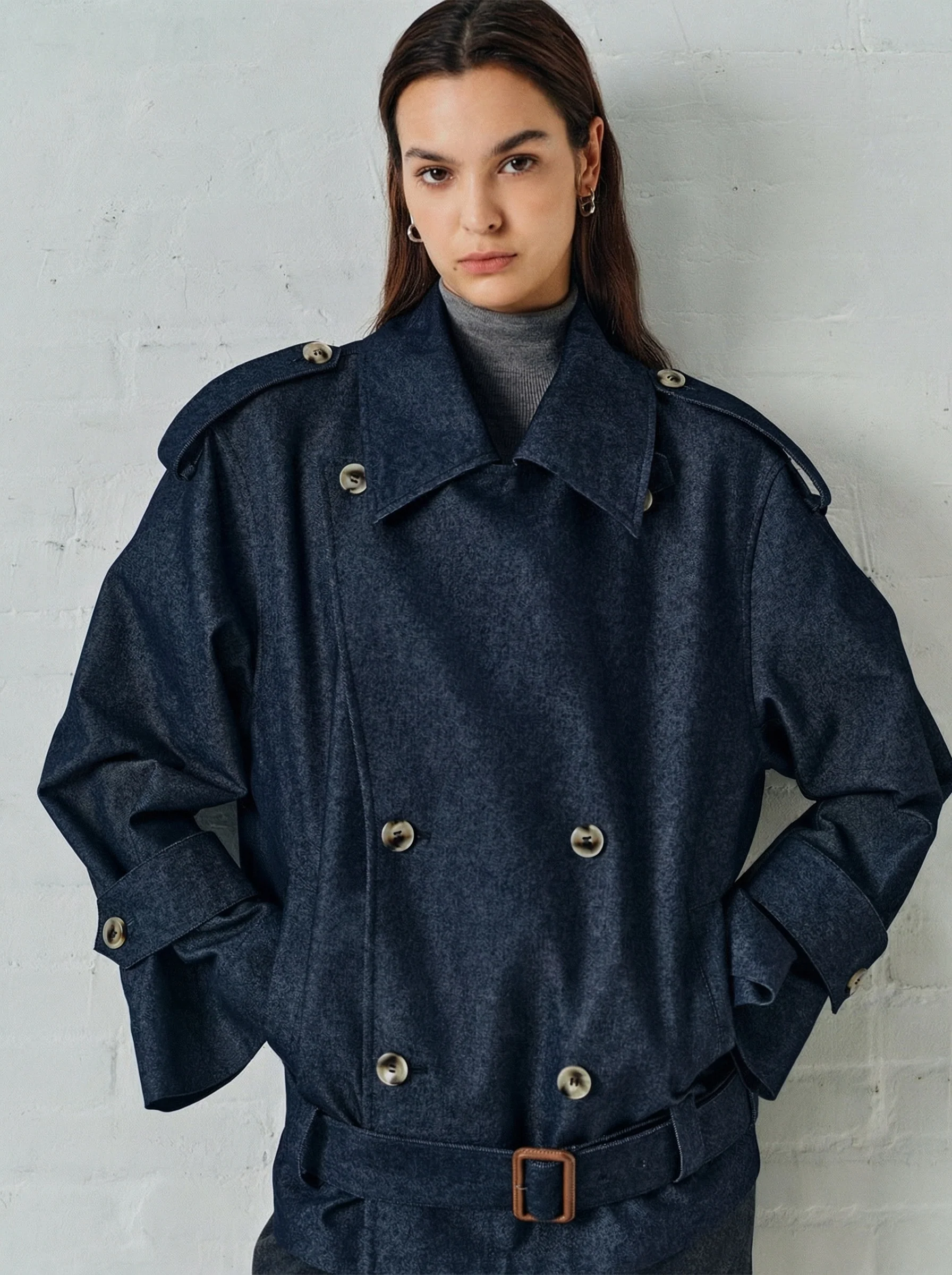 Indigo Faux Denim Trench Jacket - Image 2