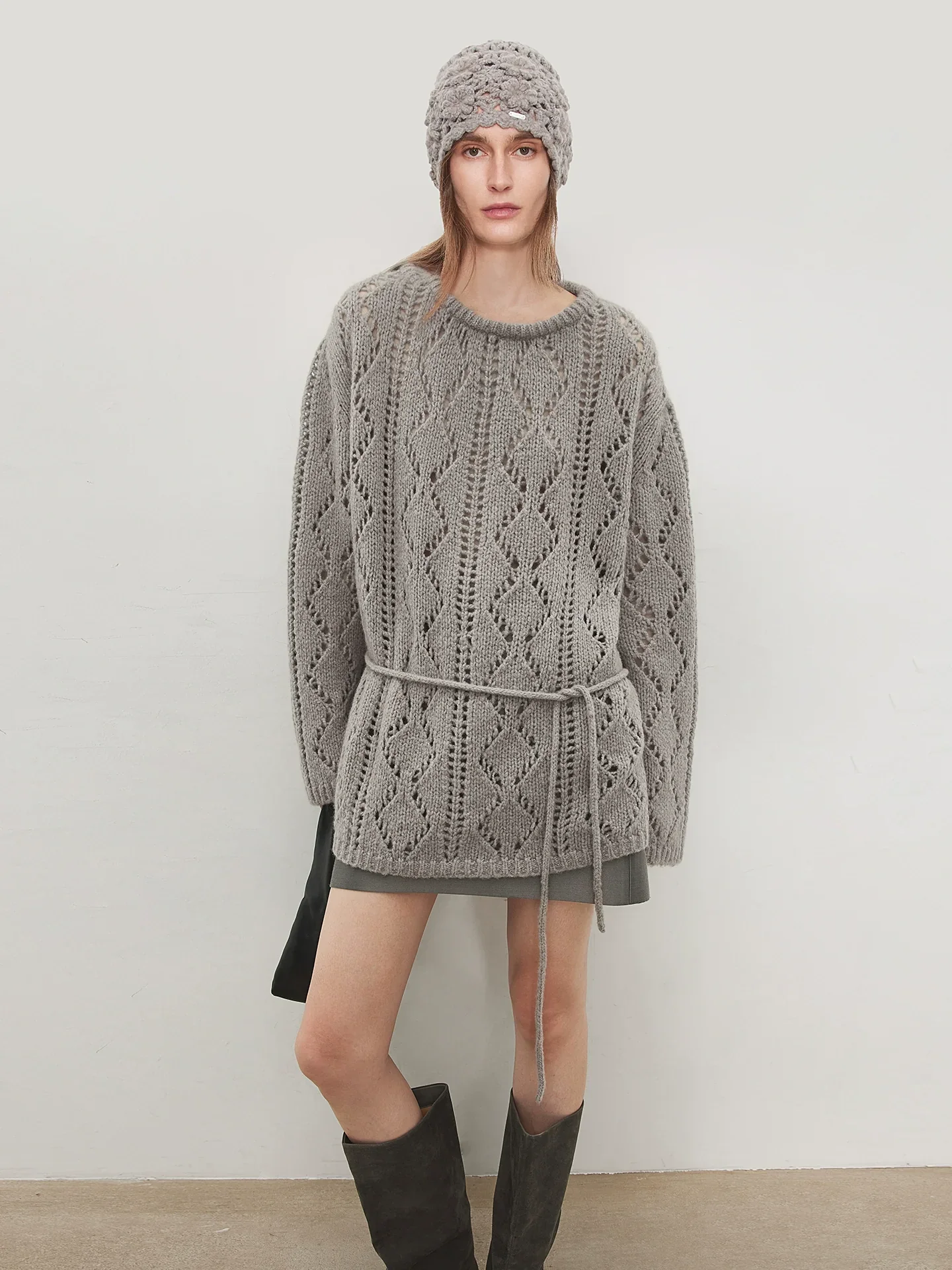 Italian Baby Camel Hair Open-Knit Belted Sweater - Image 2