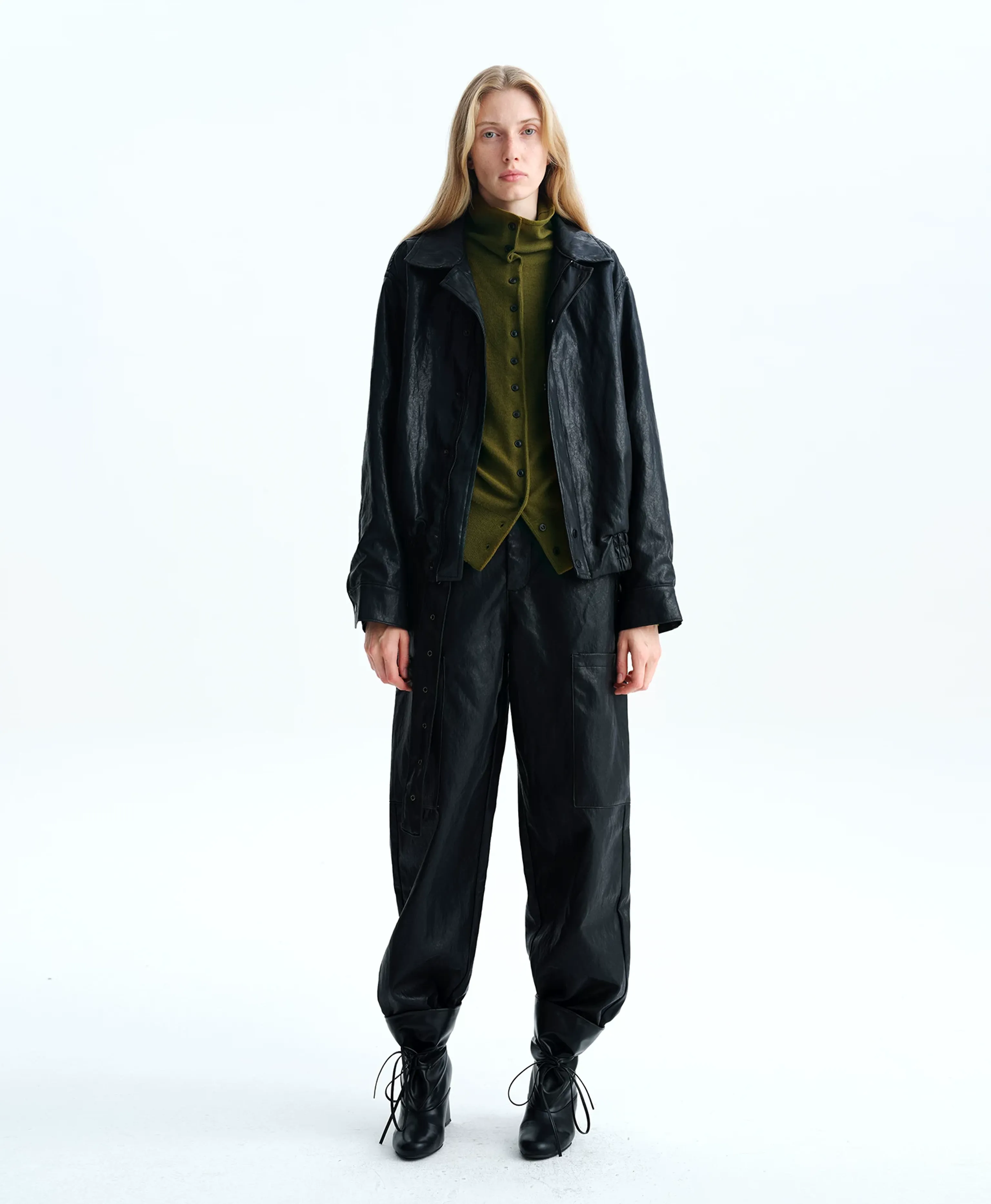 Italian Eco-Faux Leather Belted Cargo Pants - Image 4