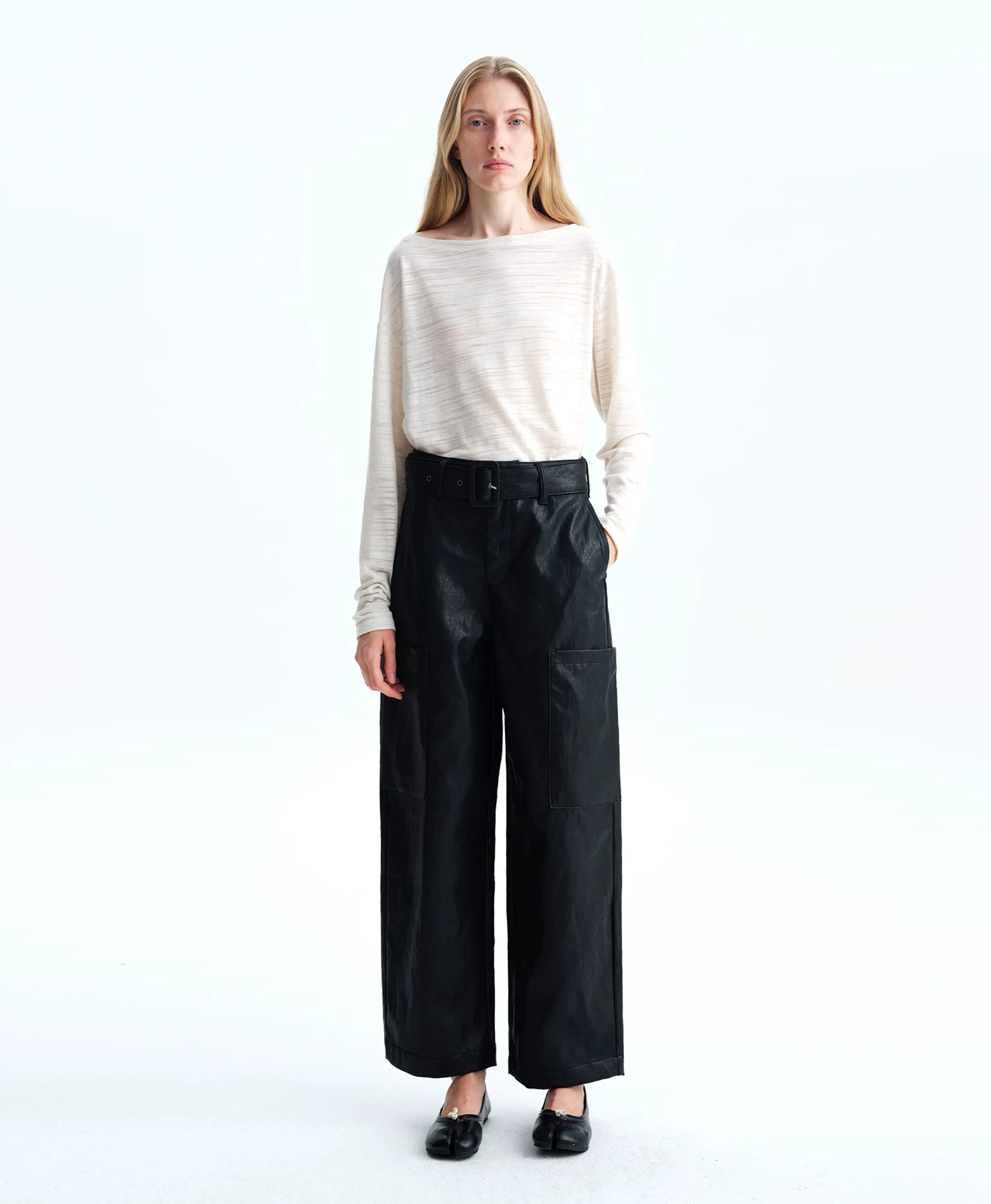 Italian Eco-Faux Leather Belted Cargo Pants - Image 5