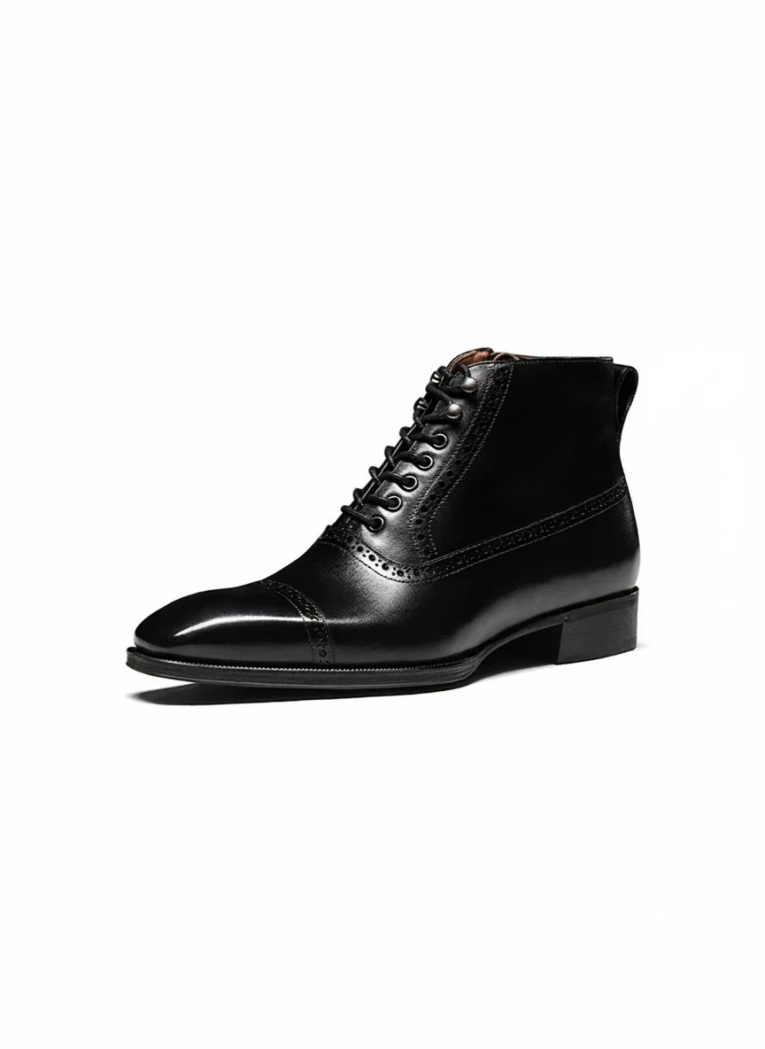 Italian Leather Brogue Cap-Toe Boot