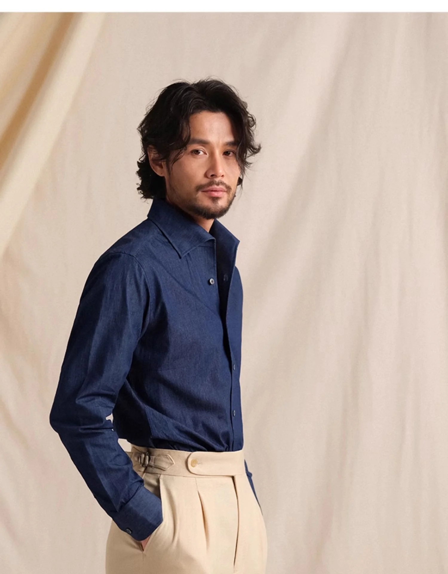 Italian One-Piece Collar Denim Shirt - Image 3