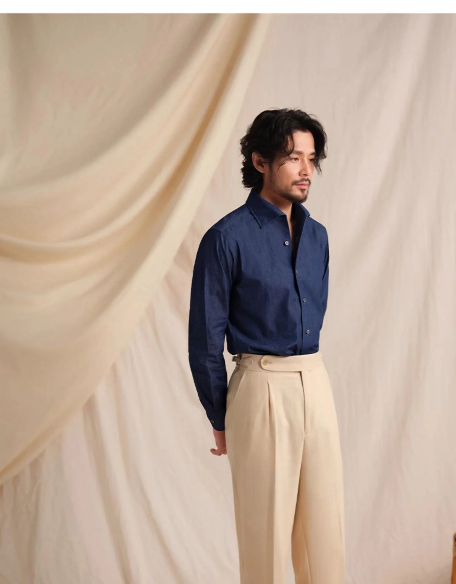 Italian One-Piece Collar Denim Shirt - Image 4