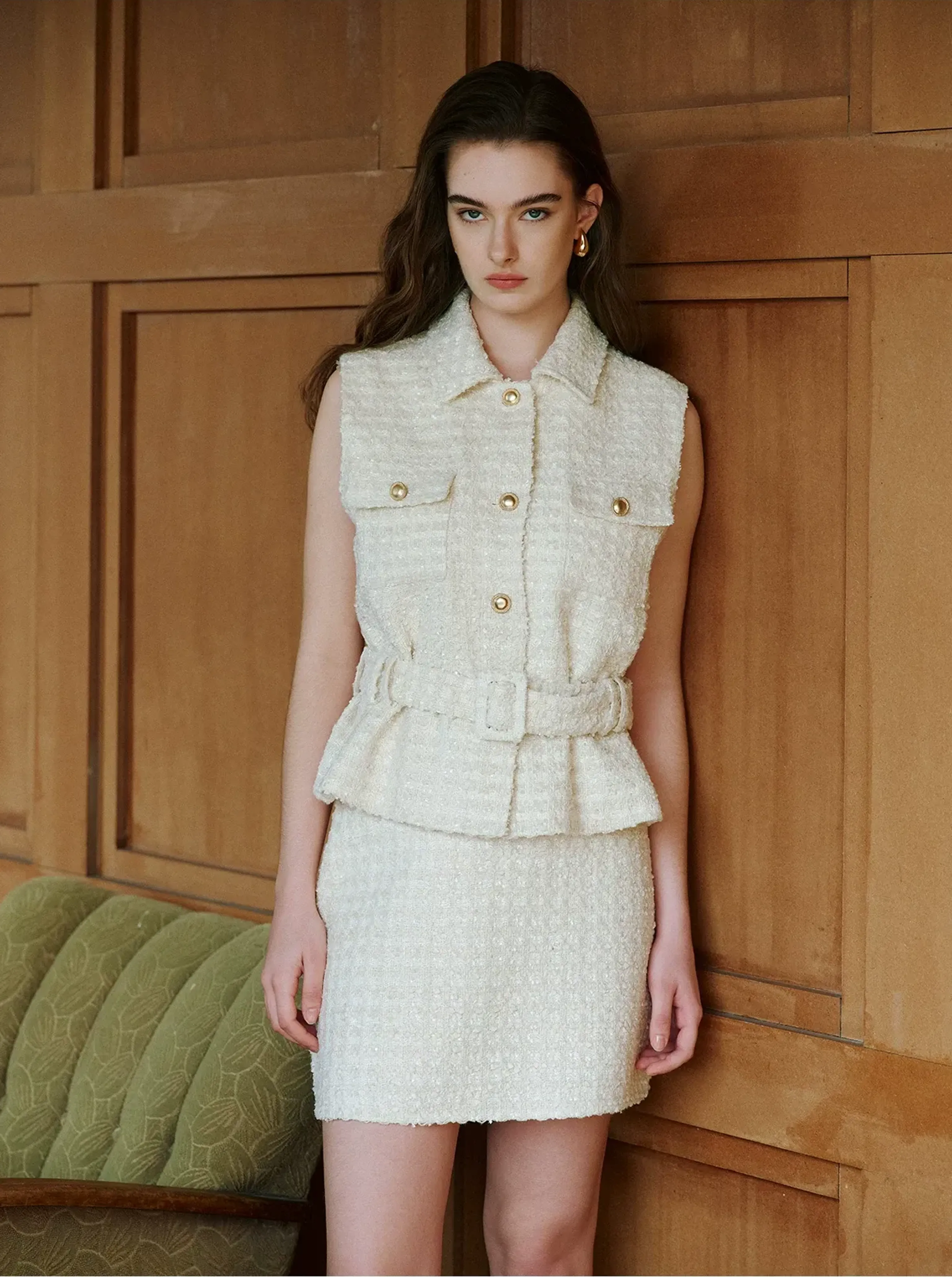 Ivory Bouclé Tweed A-Line Mini Skirt