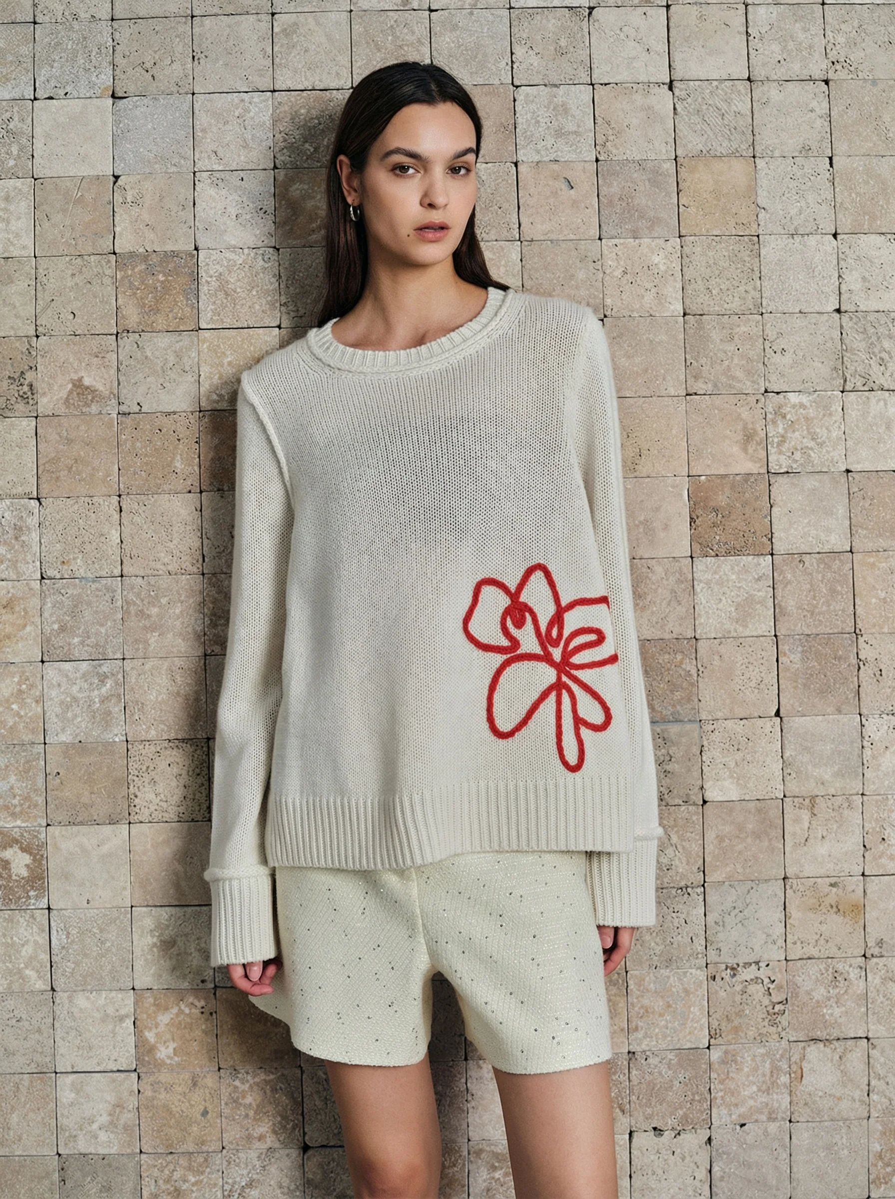Ivory Cashmere Crewneck with Red Floral Embroidery