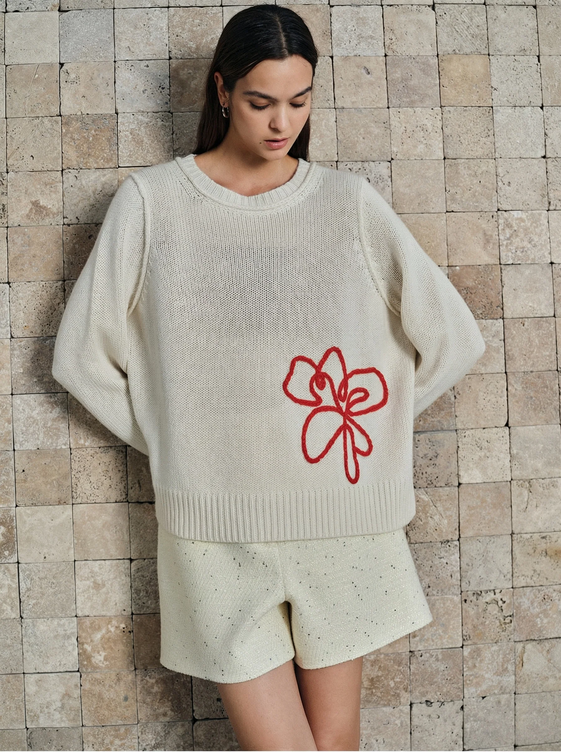 Ivory Cashmere Crewneck with Red Floral Embroidery - Image 2