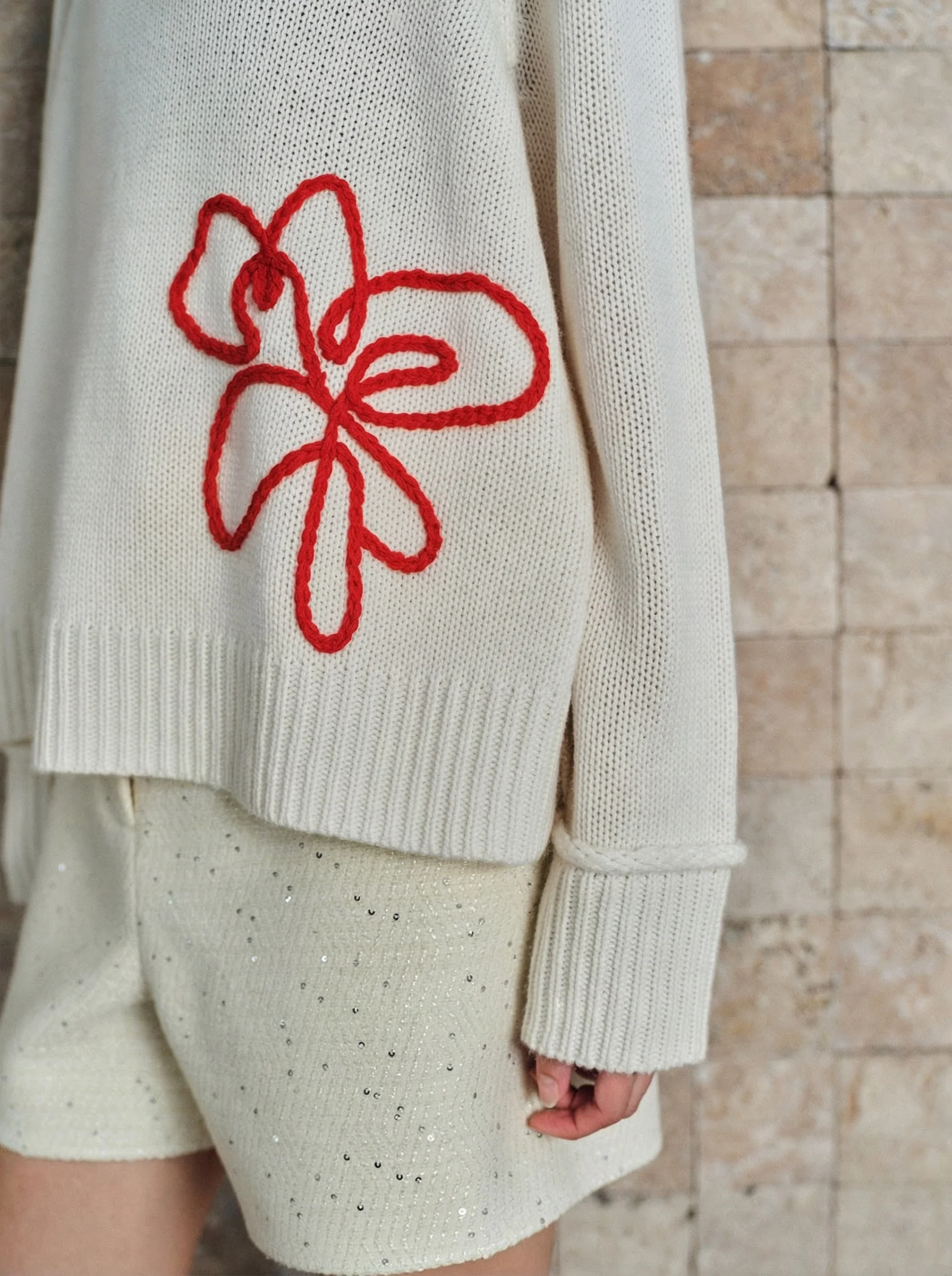 Ivory Cashmere Crewneck with Red Floral Embroidery - Image 3