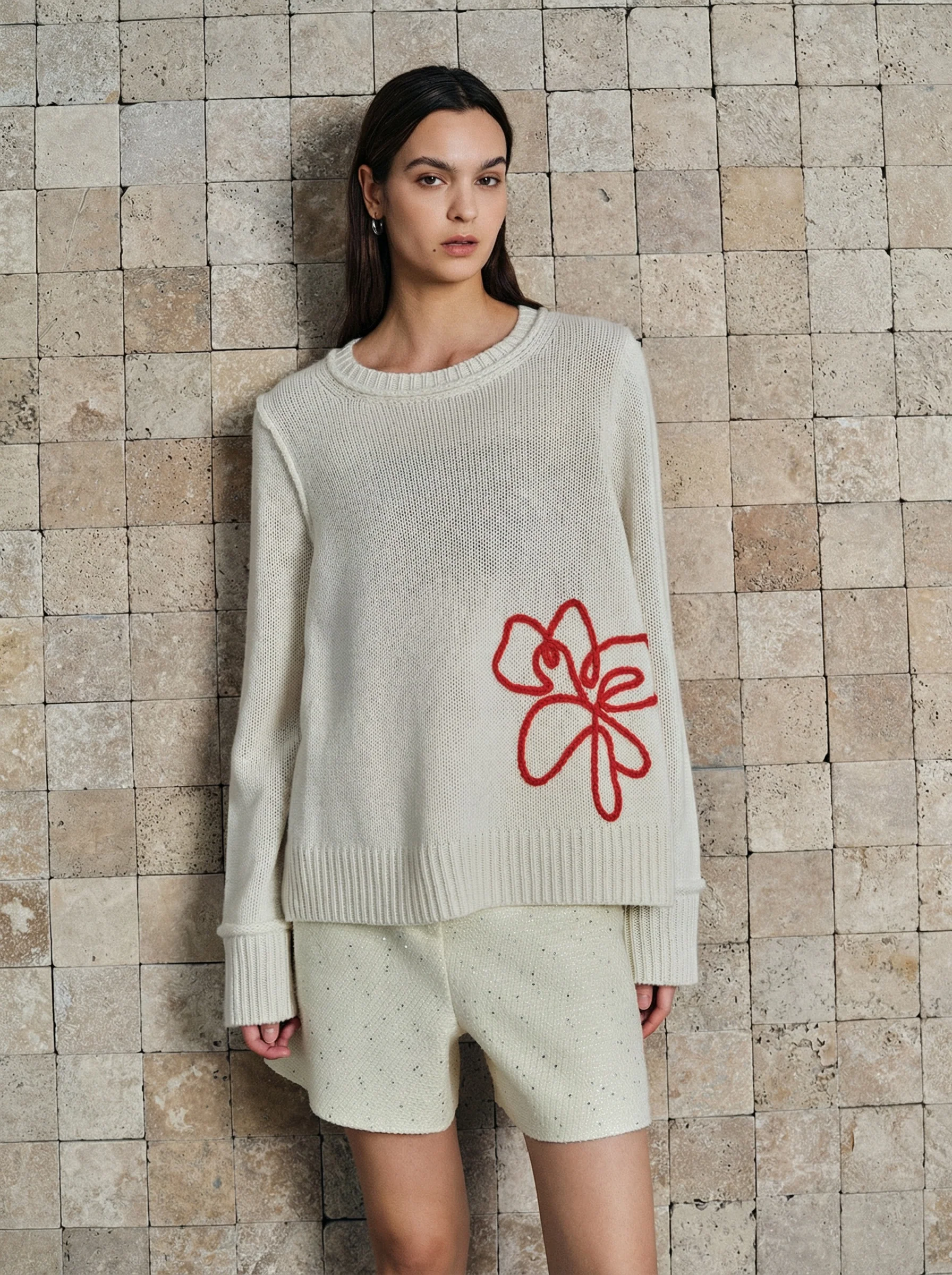 Ivory Cashmere Crewneck with Red Floral Embroidery - Image 4