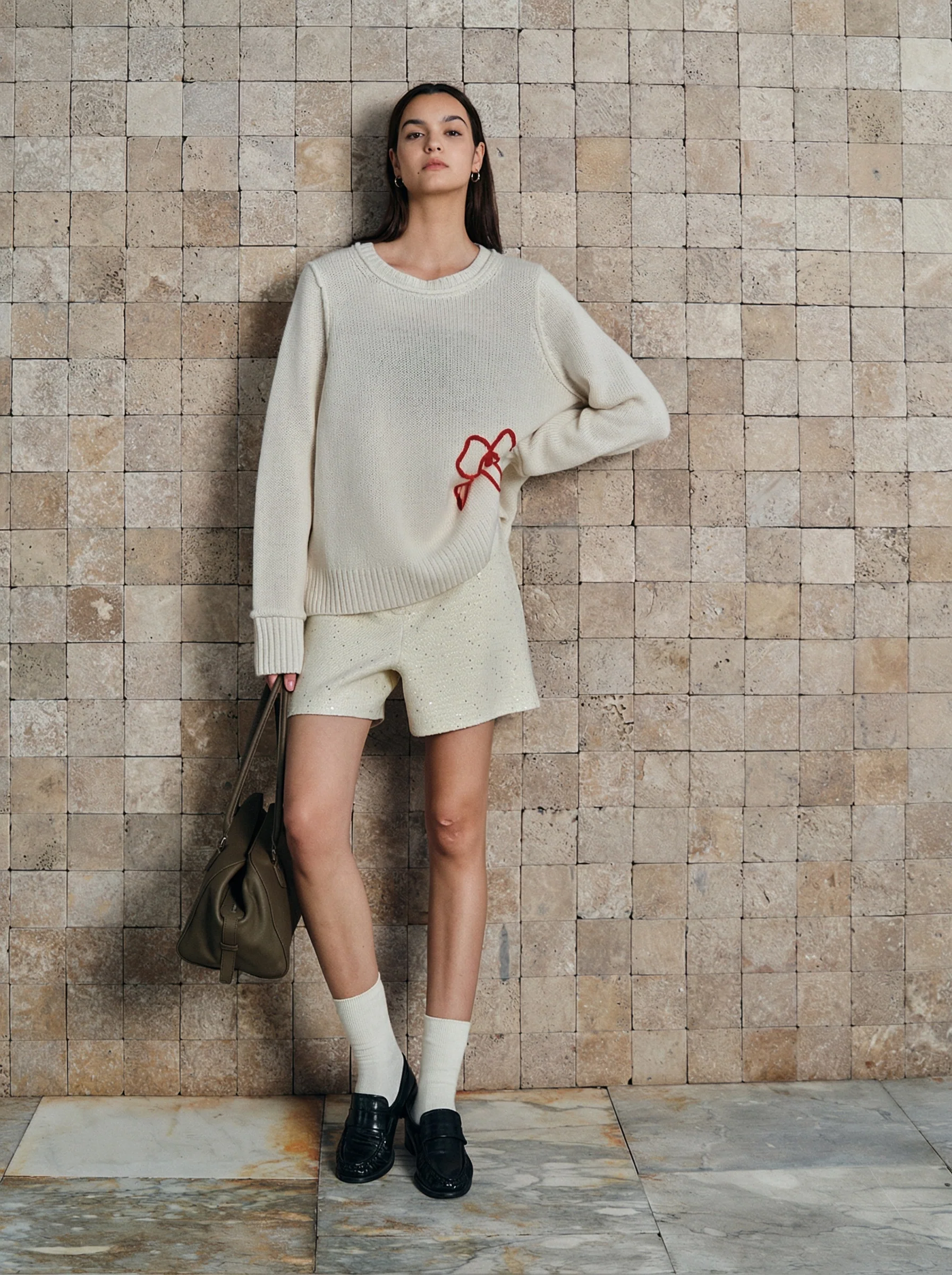 Ivory Cashmere Crewneck with Red Floral Embroidery - Image 6