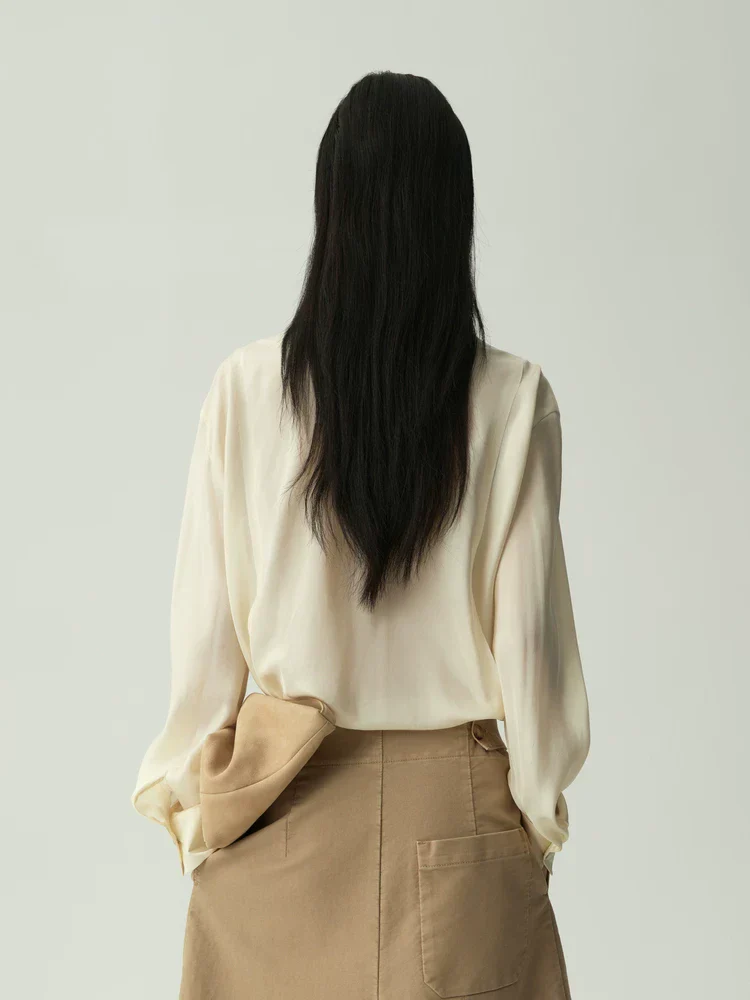 Ivory Mulberry Silk Band-Collar Blouse - Image 2