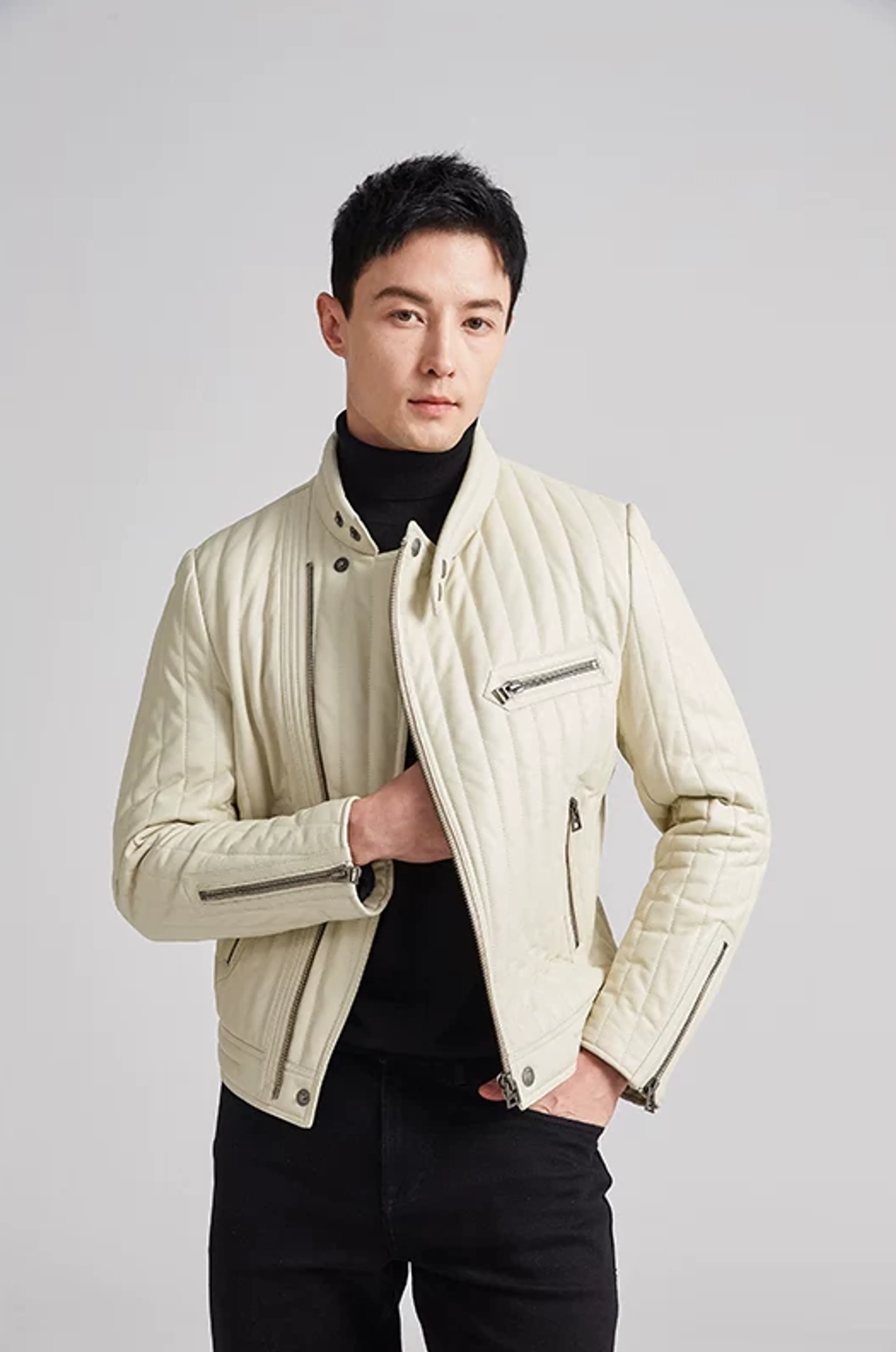 Ivory Quilted Sheepskin Moto Jacket
