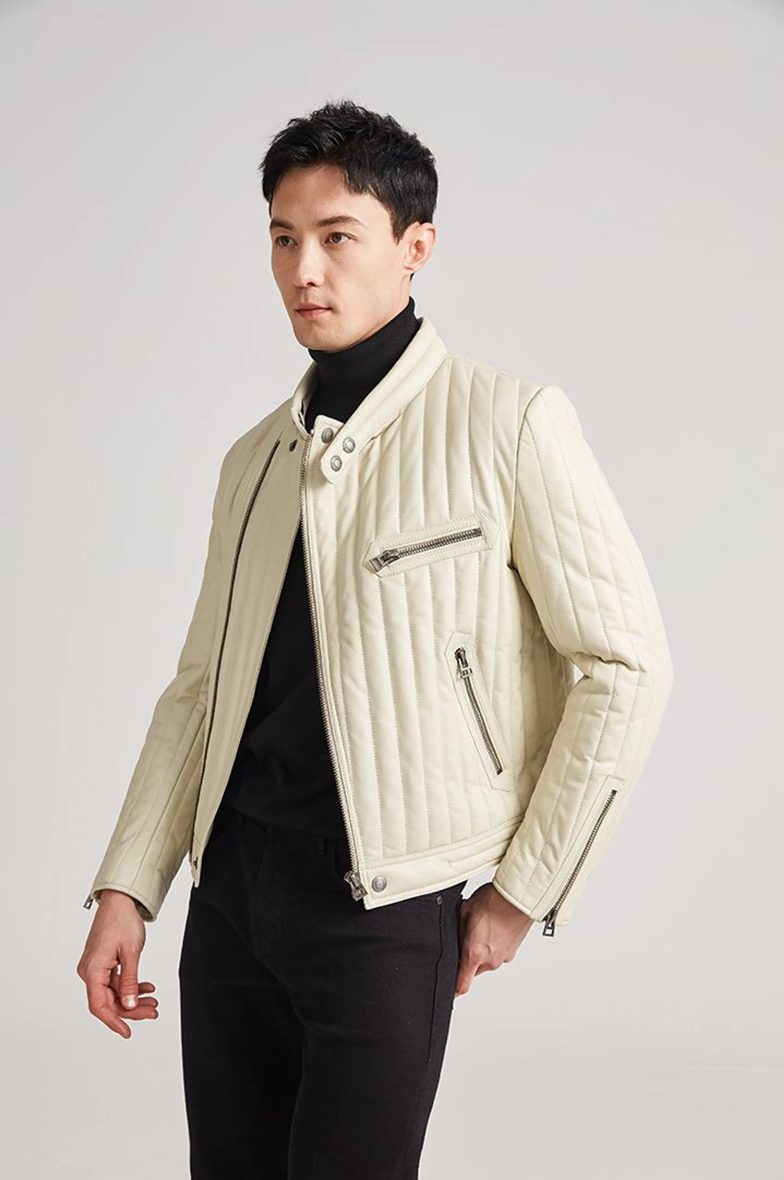 Ivory Quilted Sheepskin Moto Jacket - Image 3