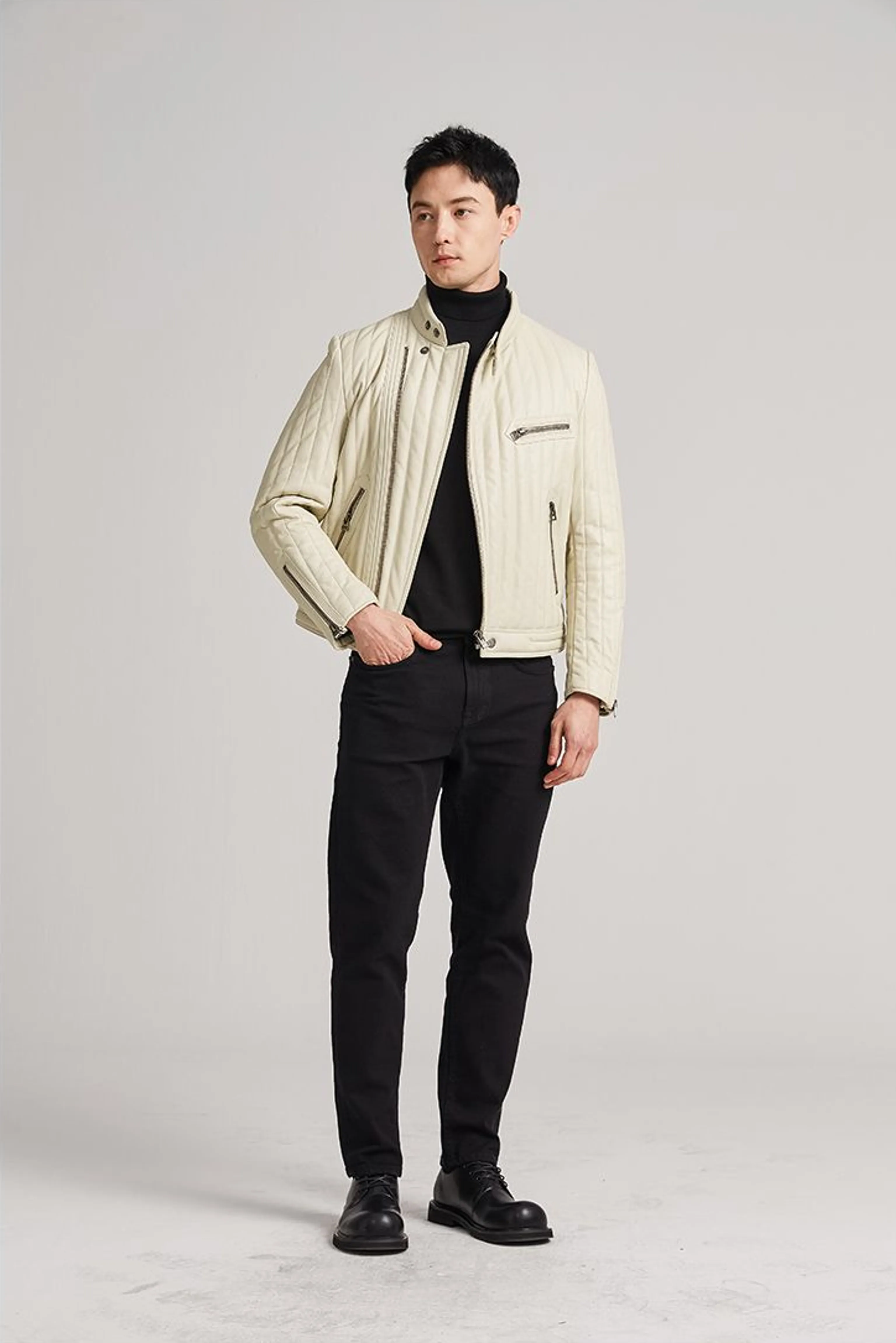 Ivory Quilted Sheepskin Moto Jacket - Image 4