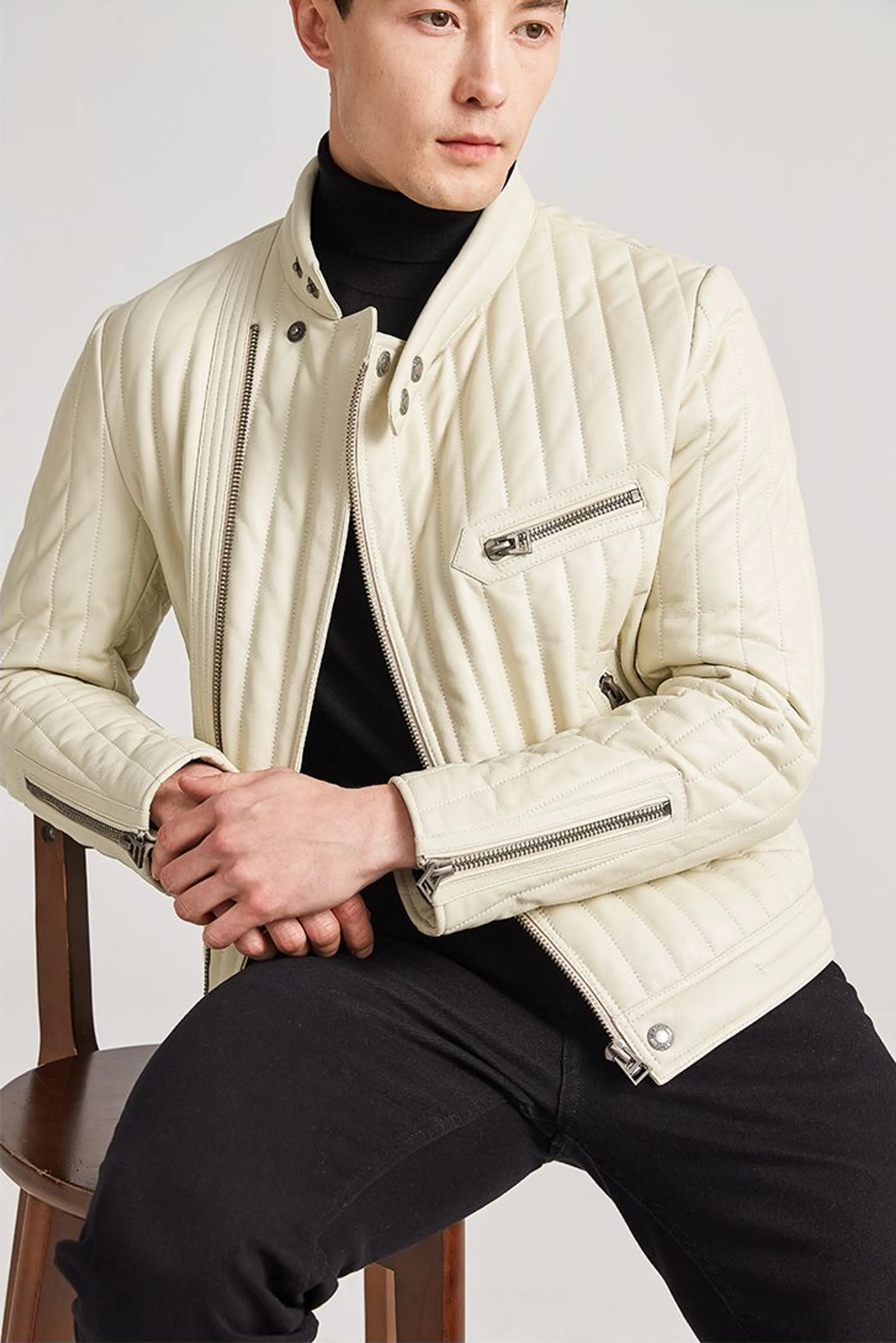 Ivory Quilted Sheepskin Moto Jacket - Image 6