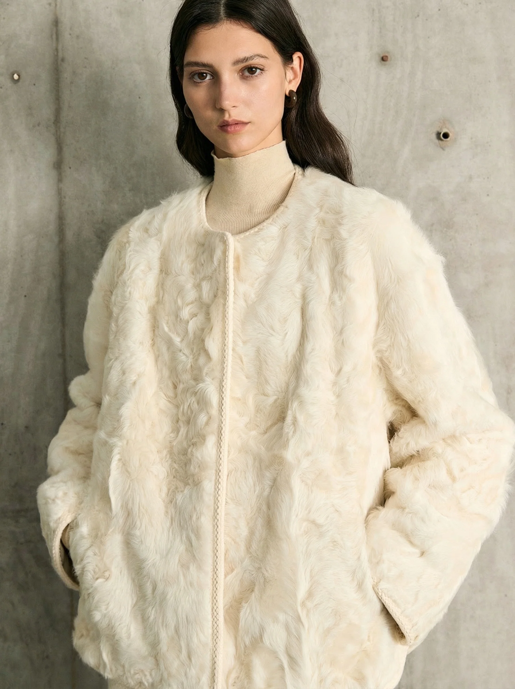 Ivory Wavy Shearling Coat - Image 3