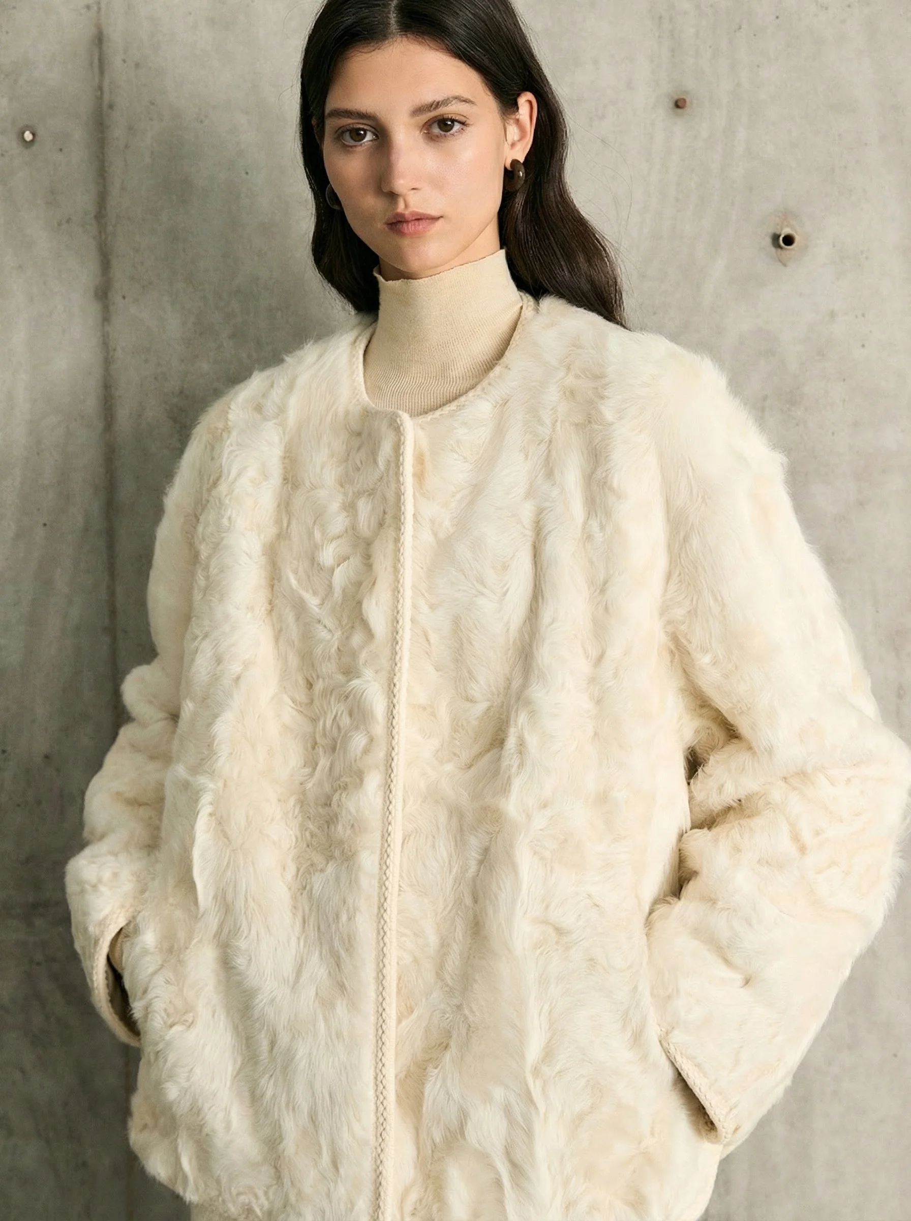 Ivory Wavy Shearling Coat - Image 5