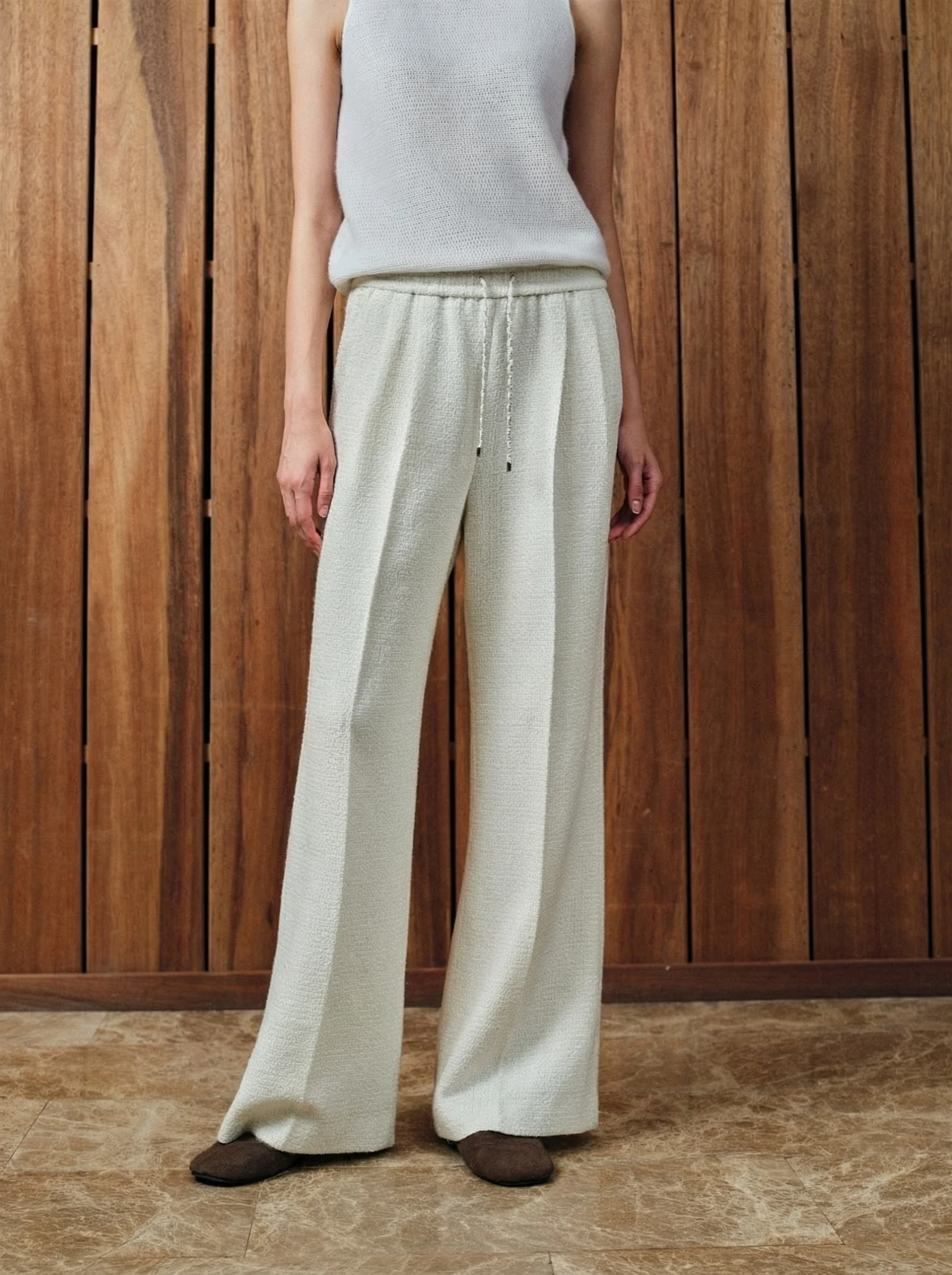 Ivory Wool Tweed Drawstring Trousers