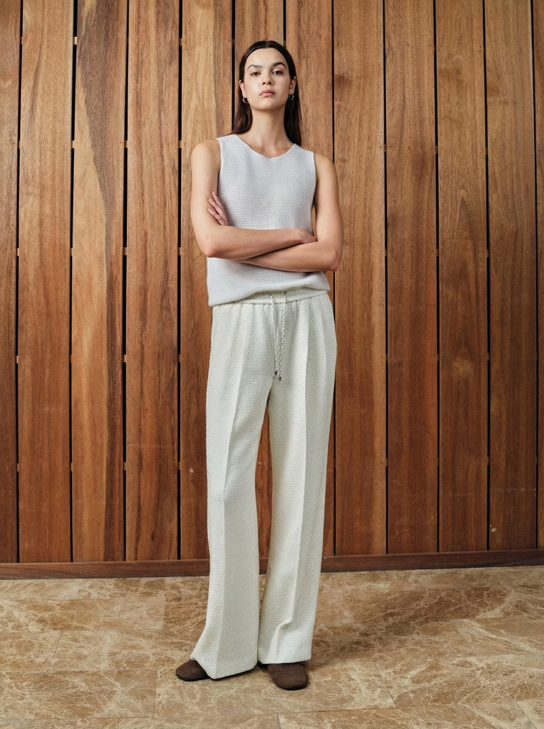 Ivory Wool Tweed Drawstring Trousers - Image 2