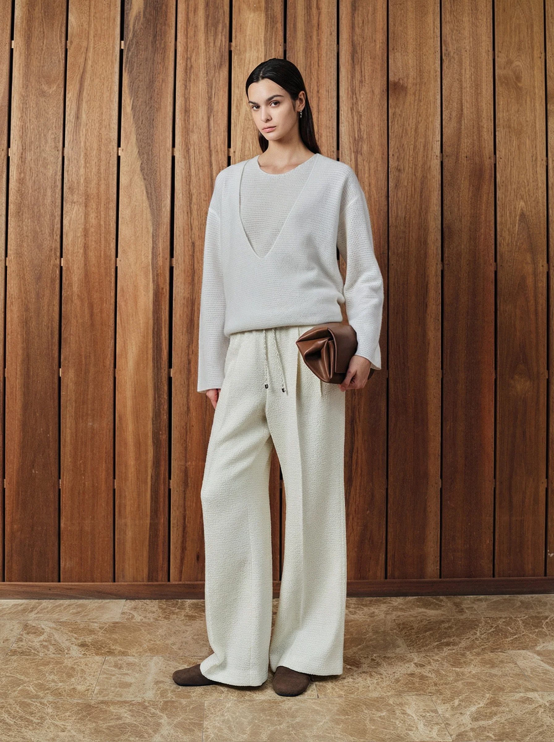 Ivory Wool Tweed Drawstring Trousers - Image 5