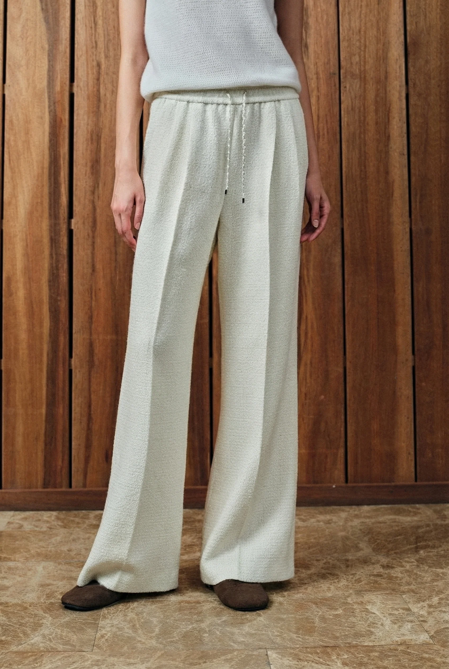 Ivory Wool Tweed Drawstring Trousers - Image 6