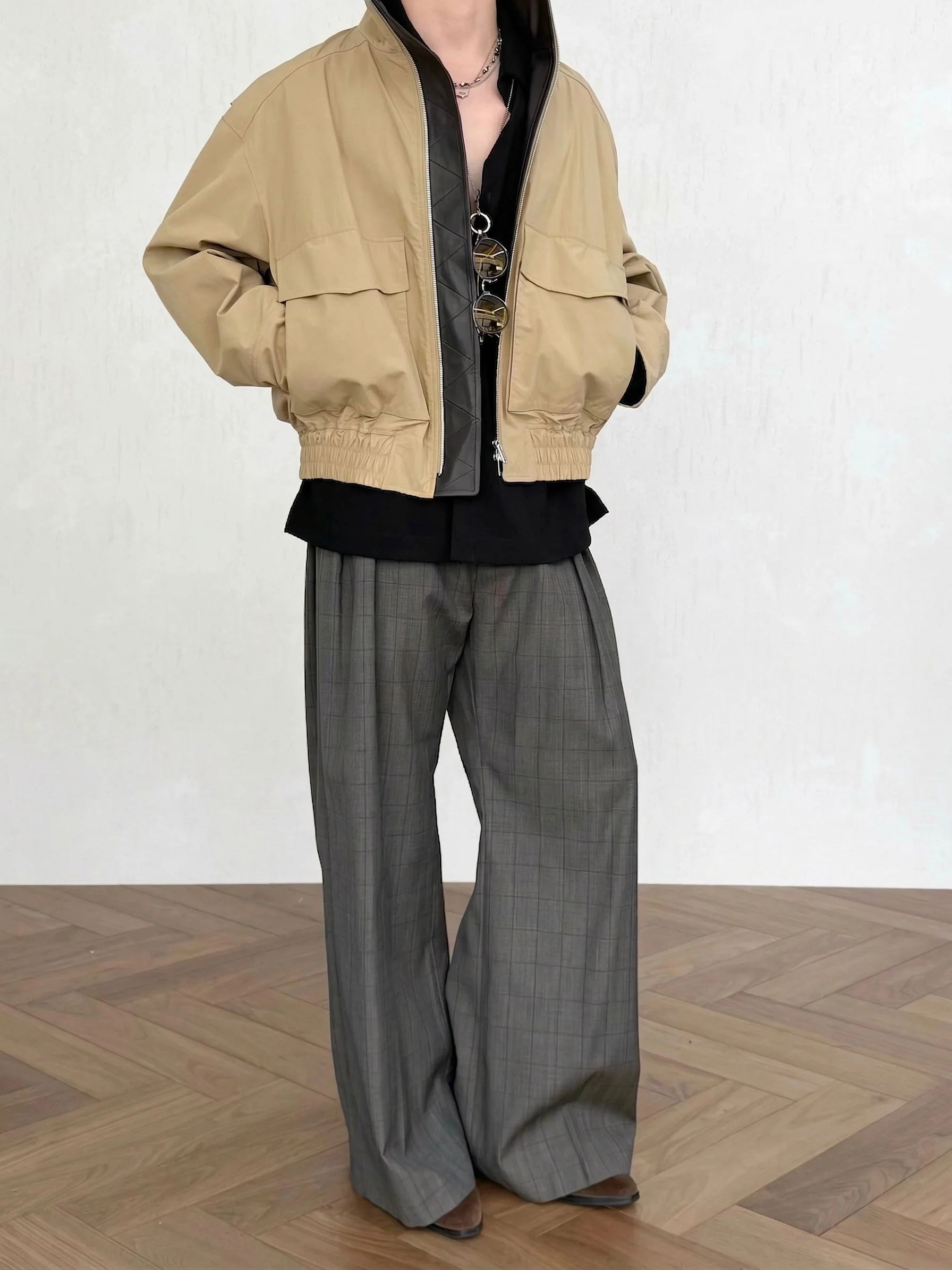 Khaki Leather-Trim Bomber