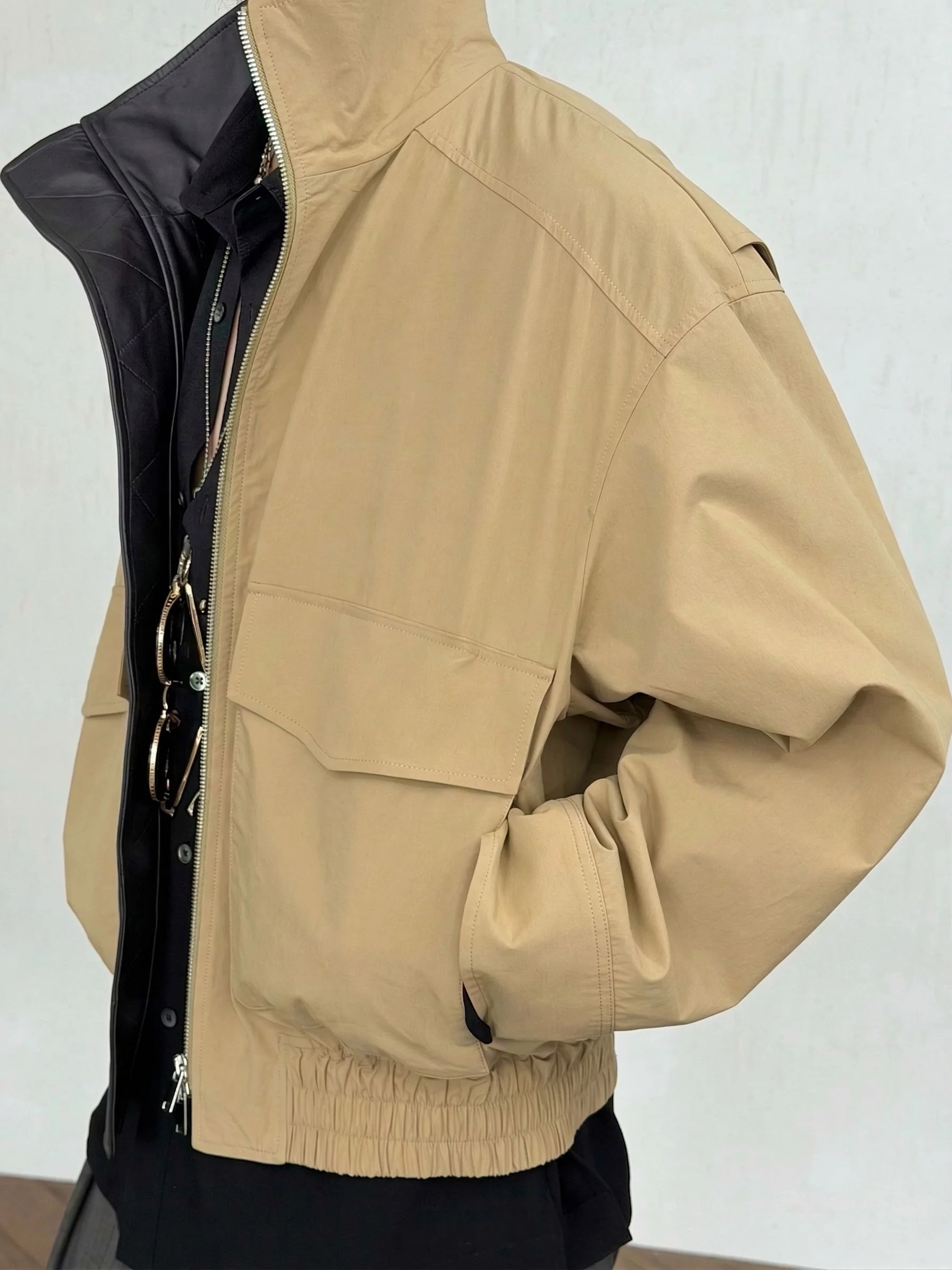 Khaki Leather-Trim Bomber - Image 2