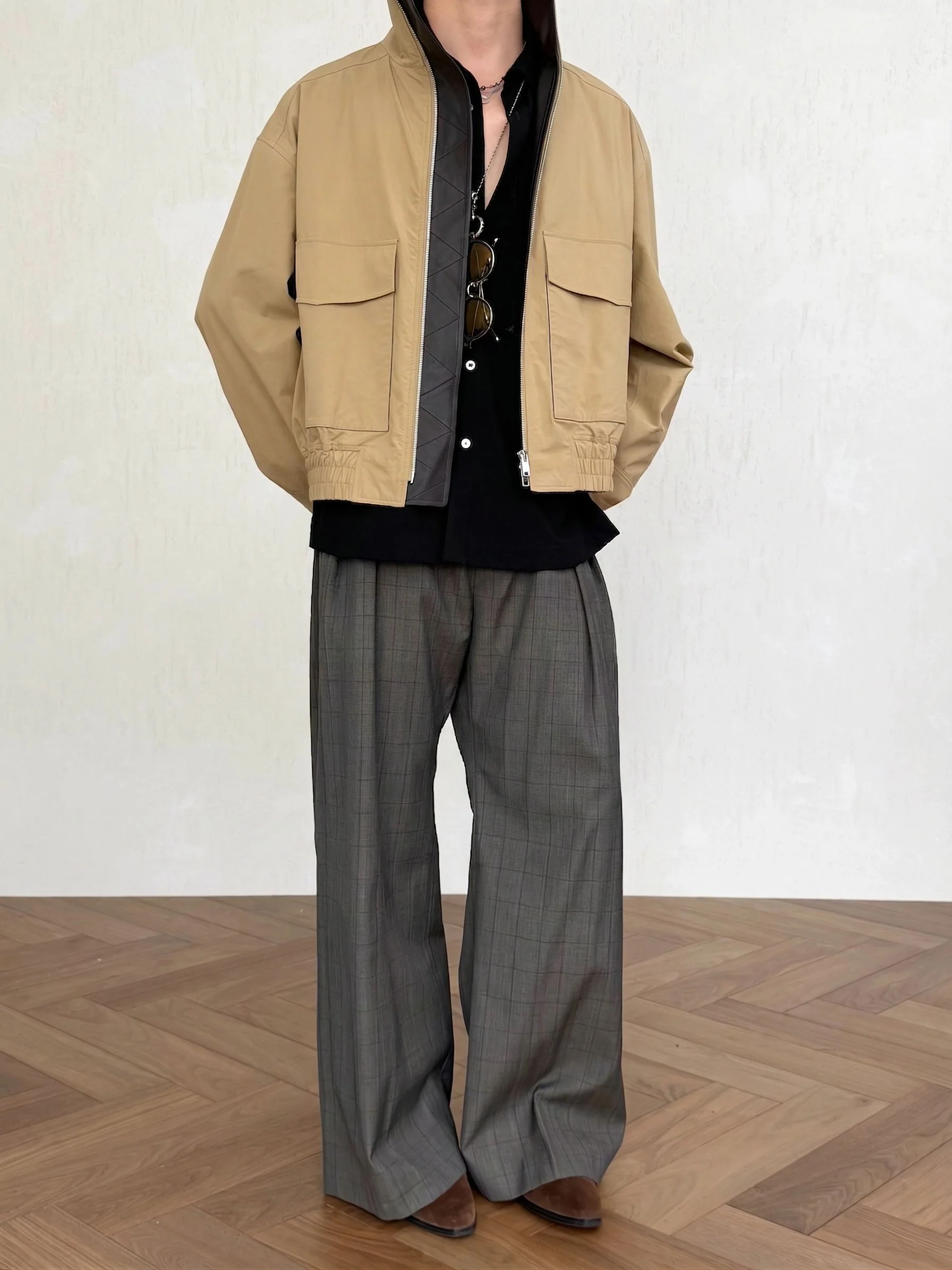 Khaki Leather-Trim Bomber - Image 3