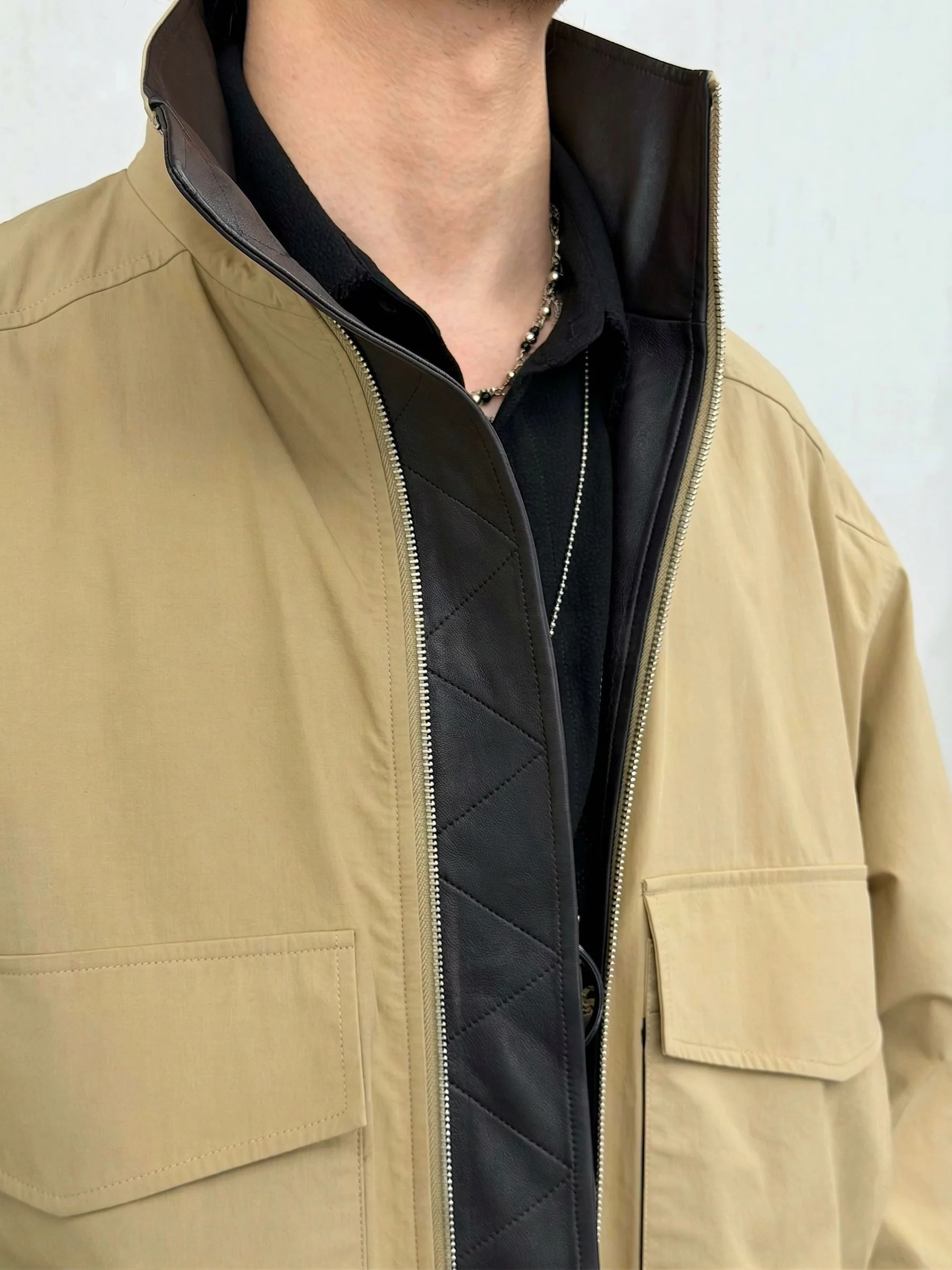 Khaki Leather-Trim Bomber - Image 4