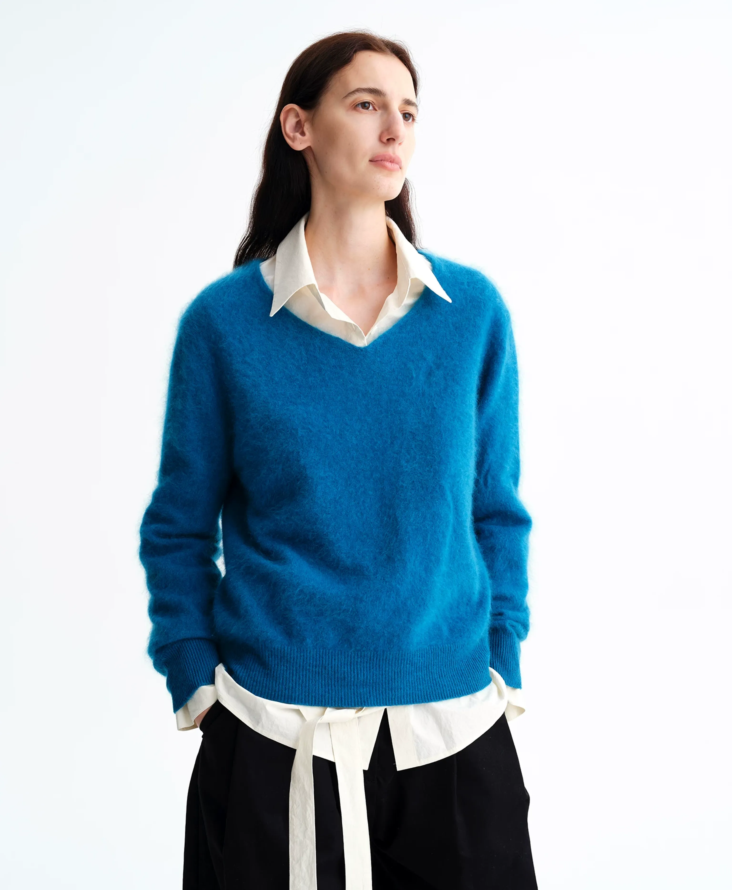 Klein Blue V‑Neck Cashmere‑Blend Sweater