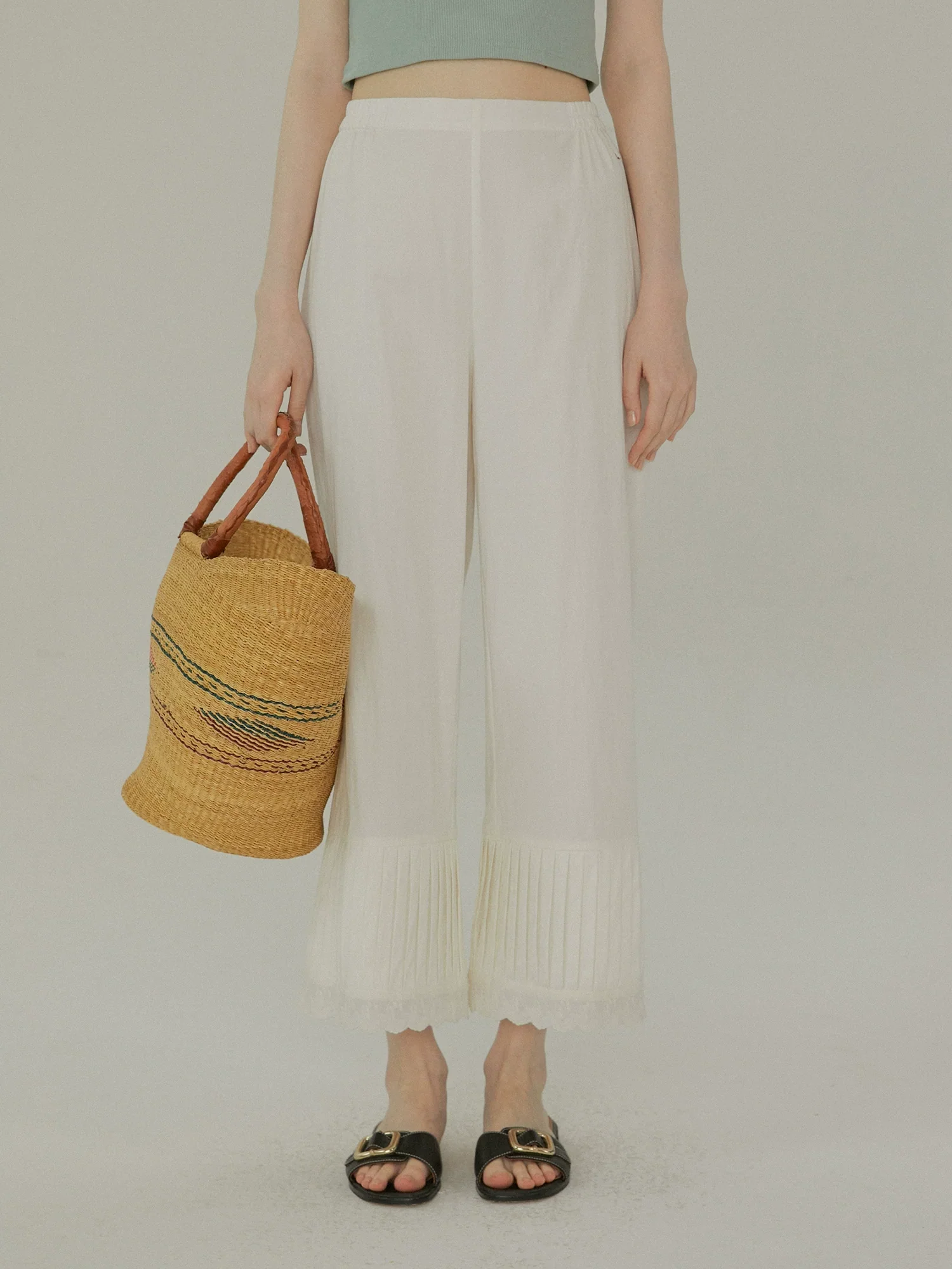 Lace-Trim Pleated-Cuff Cropped Pants - Image 2