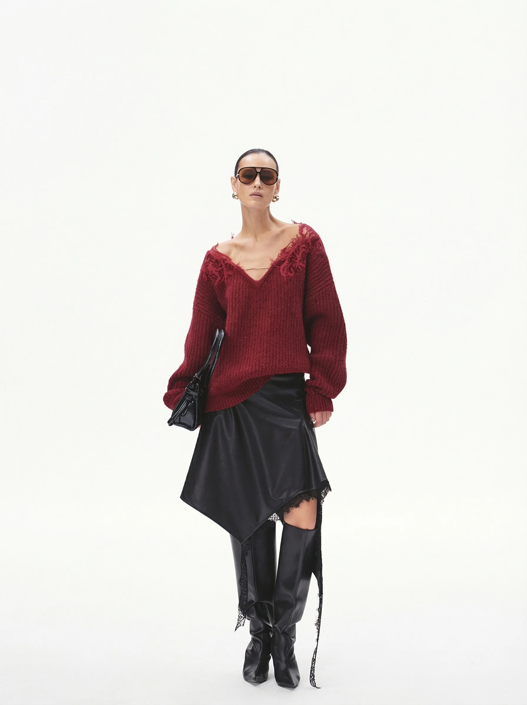 Lace-Trim V-Neck Sweater