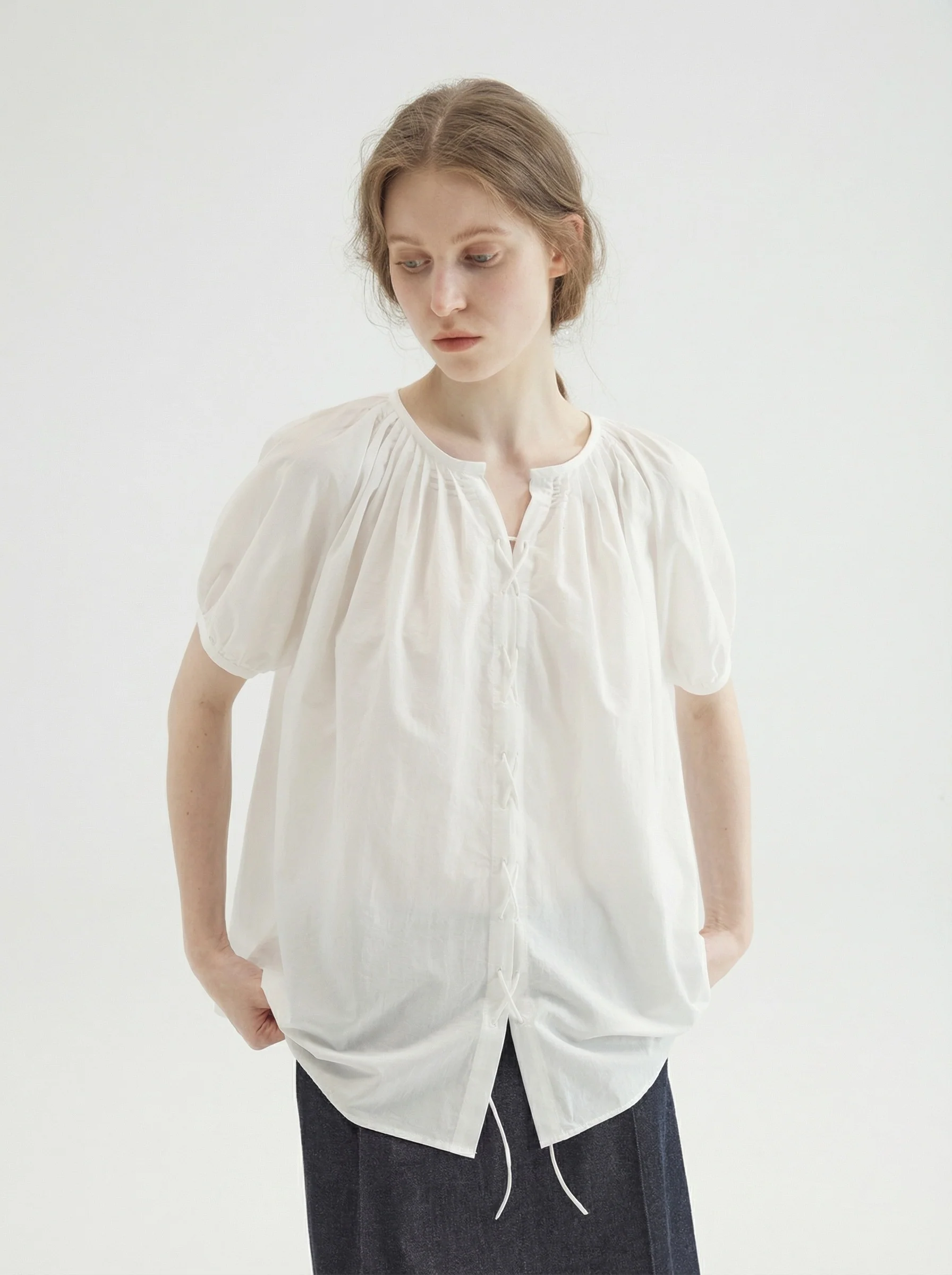 Lace-Up Puff Blouse - Image 2