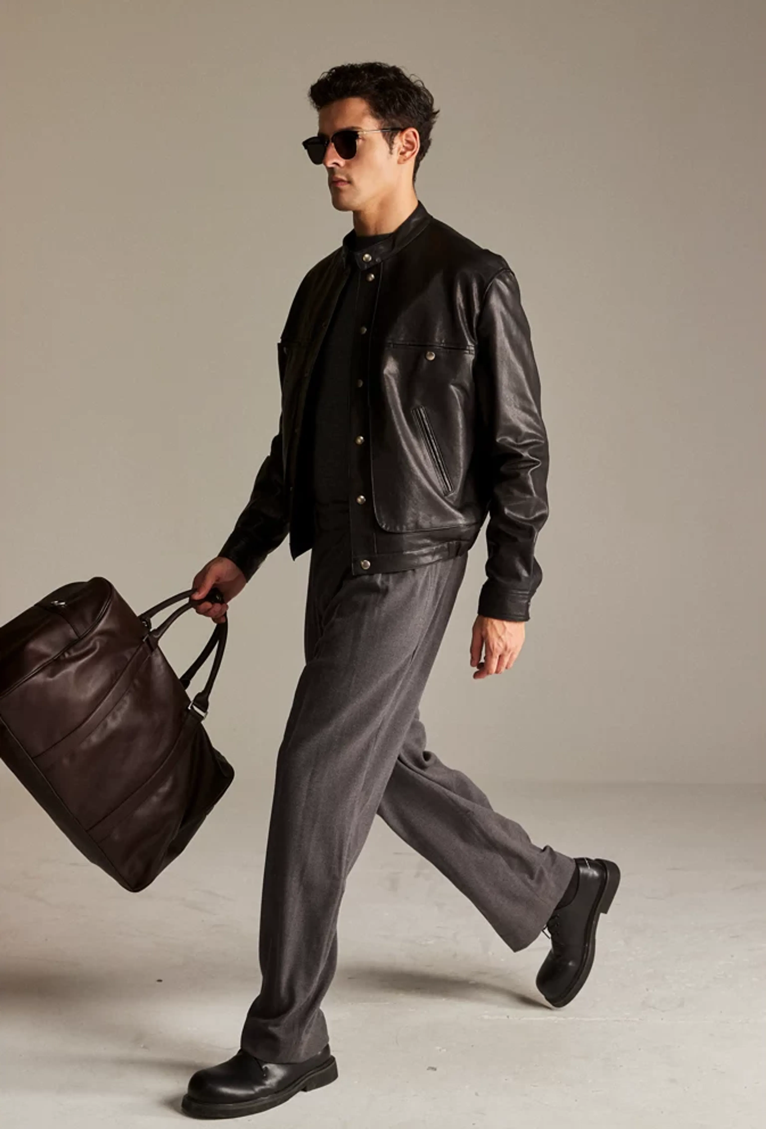 Lambskin Band-Collar Snap Jacket