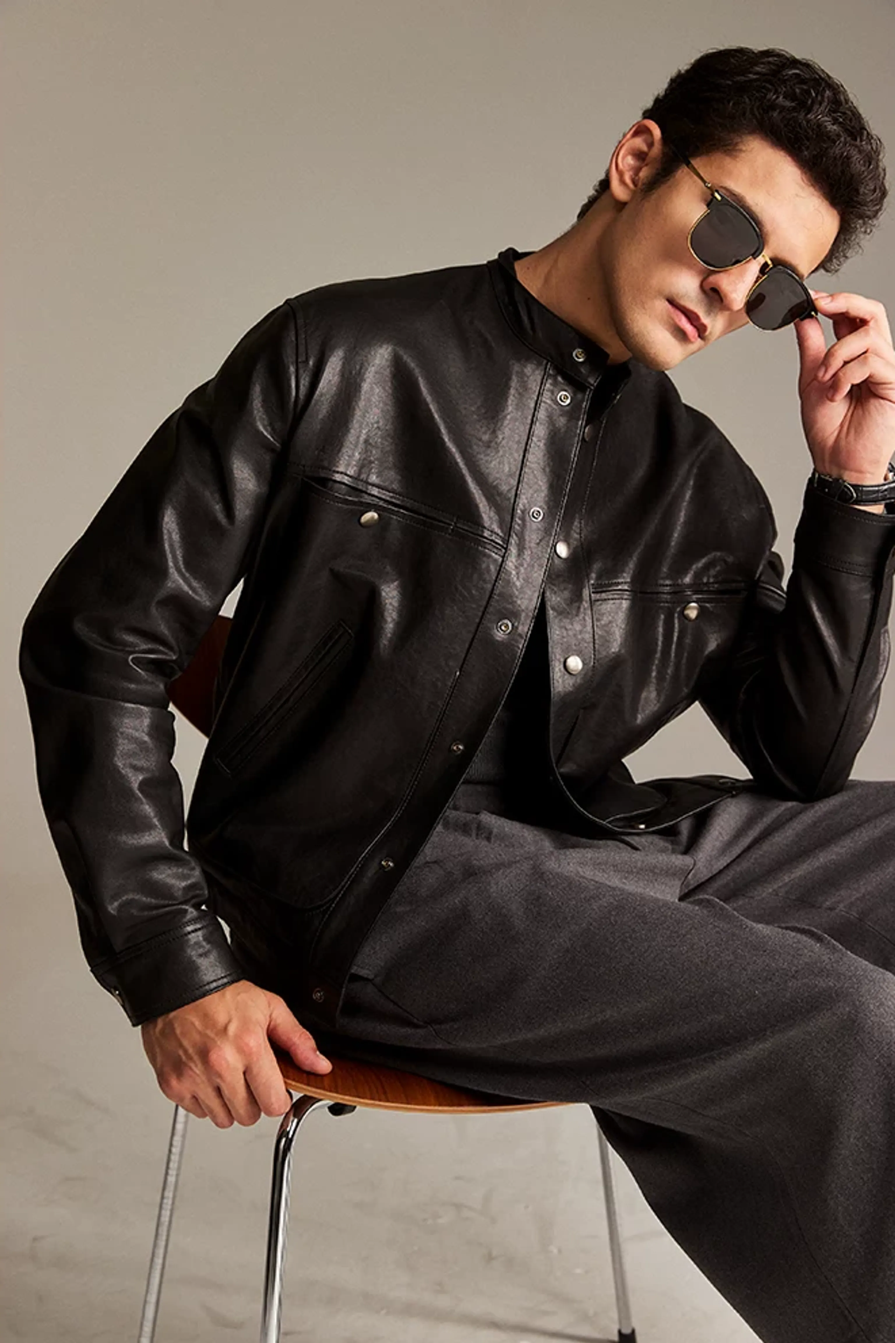 Lambskin Band-Collar Snap Jacket - Image 2