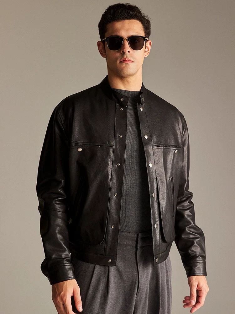 Lambskin Band-Collar Snap Jacket - Image 3