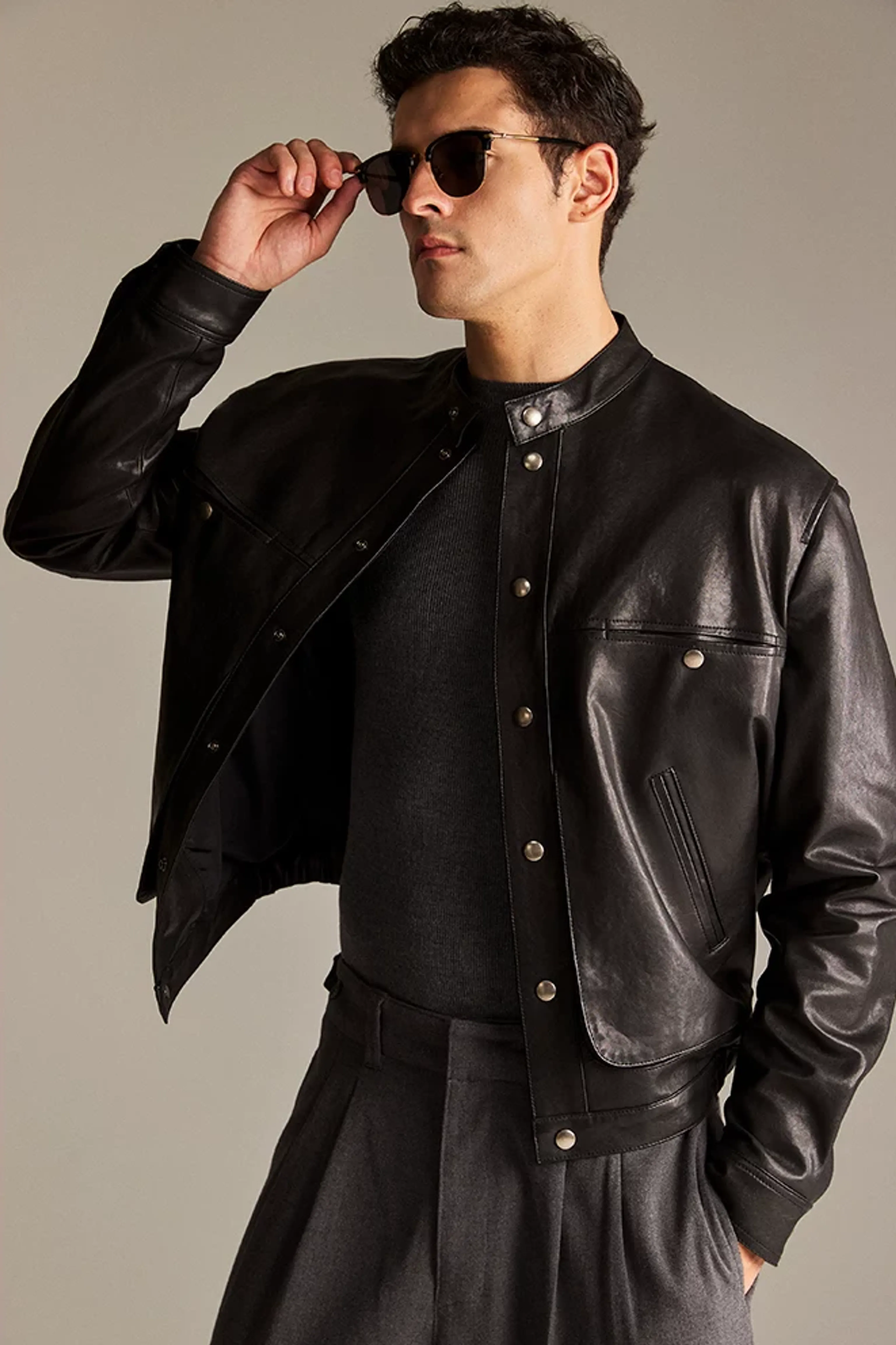 Lambskin Band-Collar Snap Jacket - Image 4