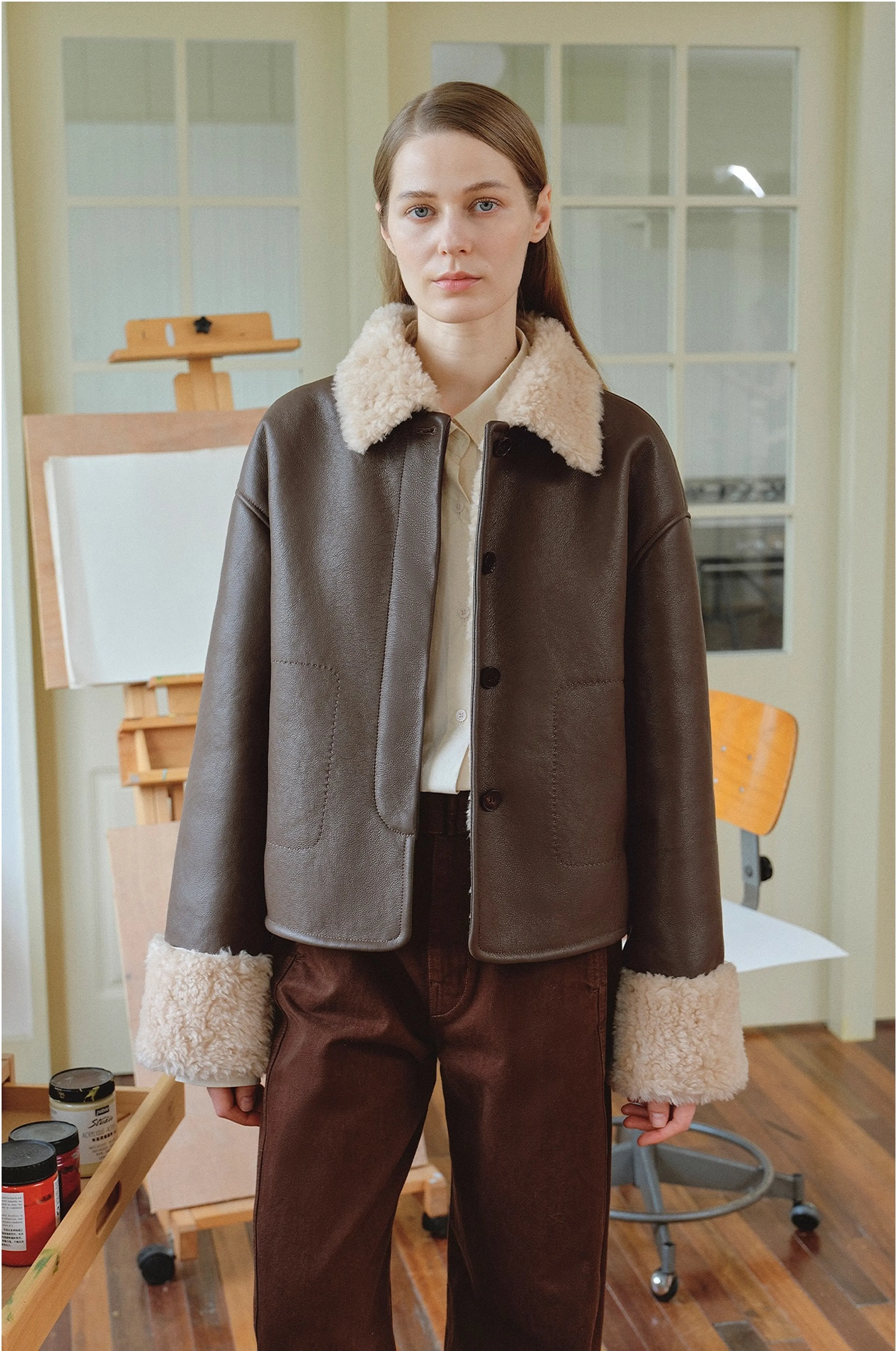 Latte Lapel Shearling Coat