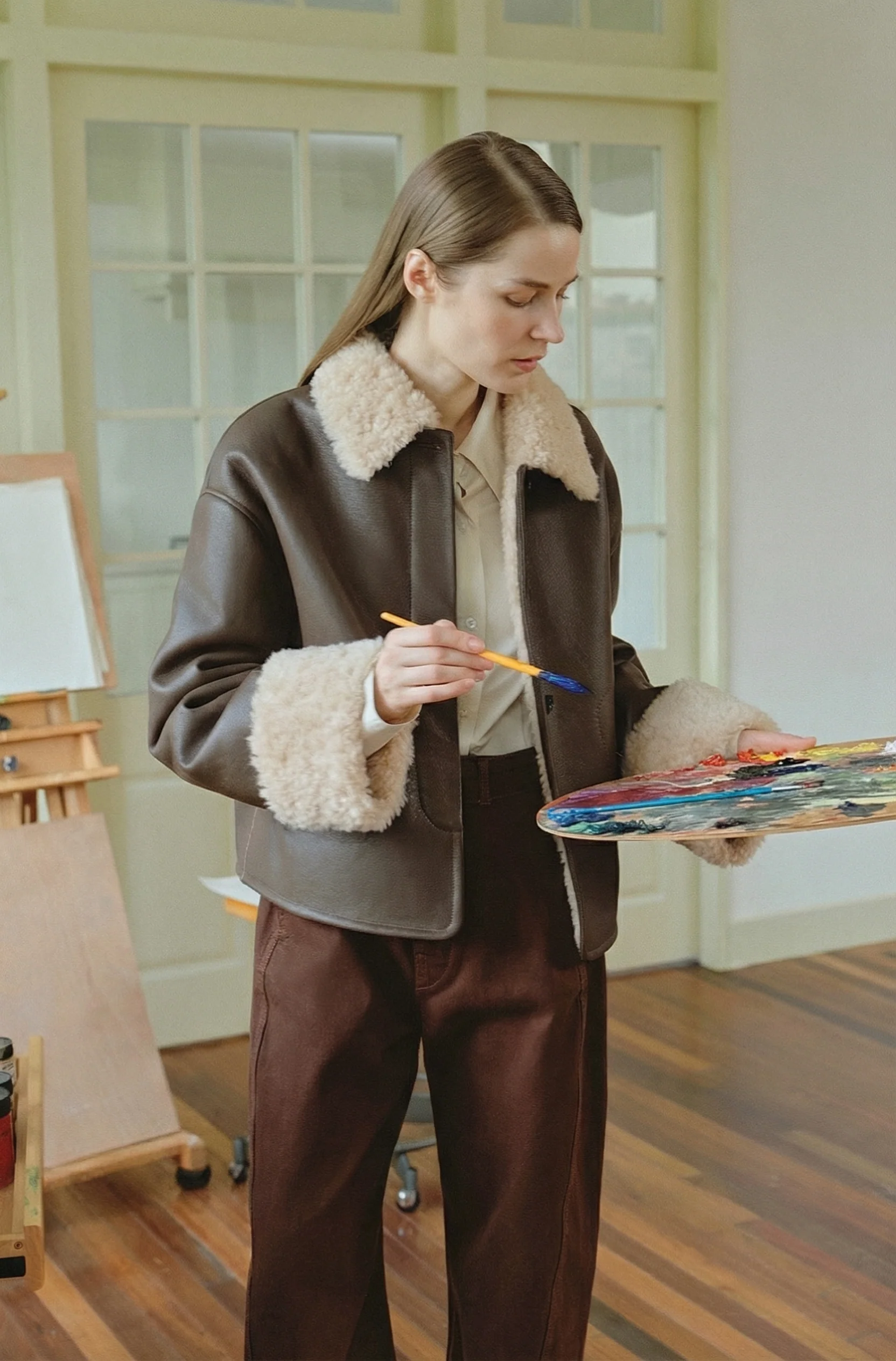 Latte Lapel Shearling Coat - Image 2