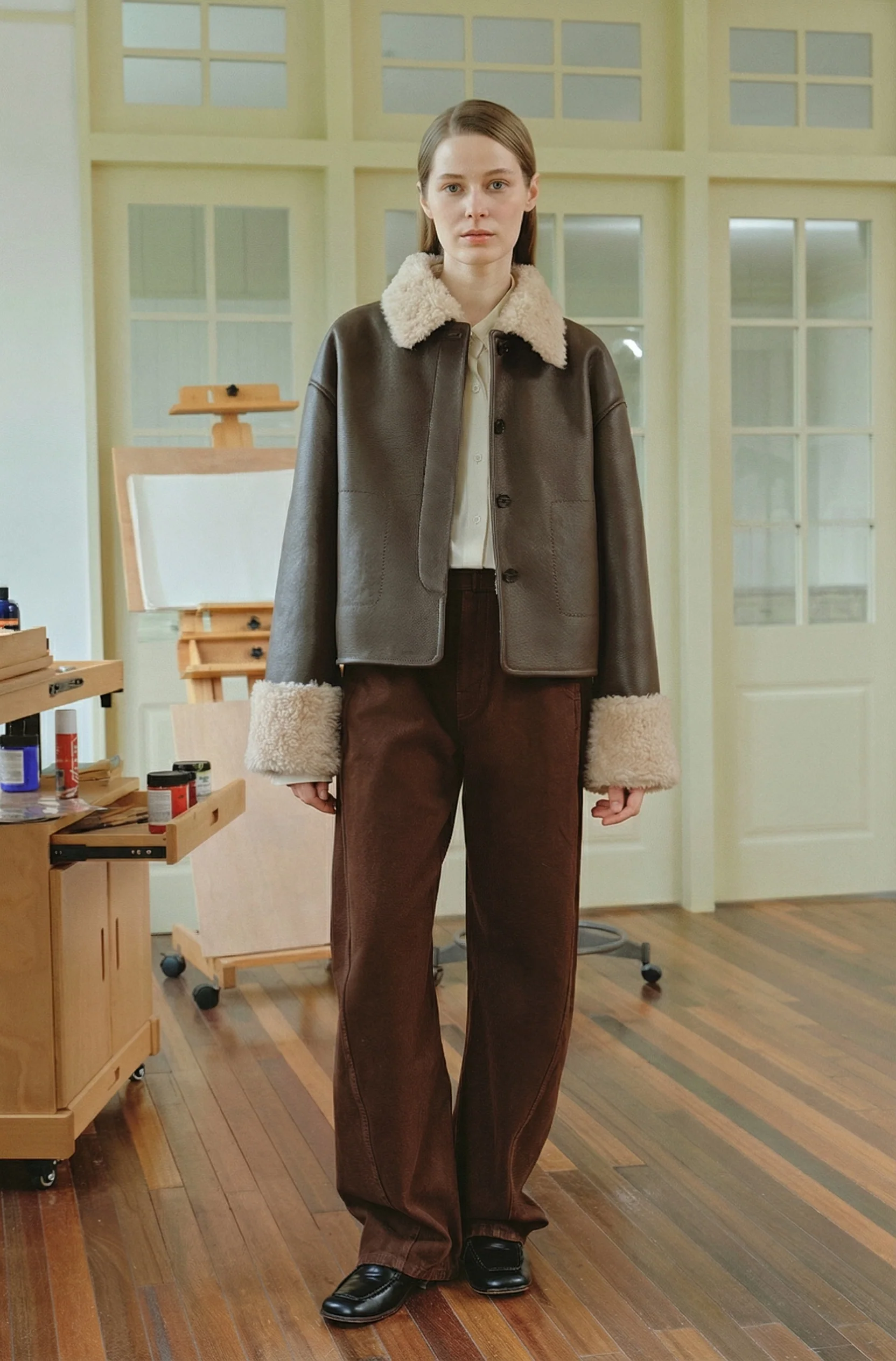 Latte Lapel Shearling Coat - Image 3