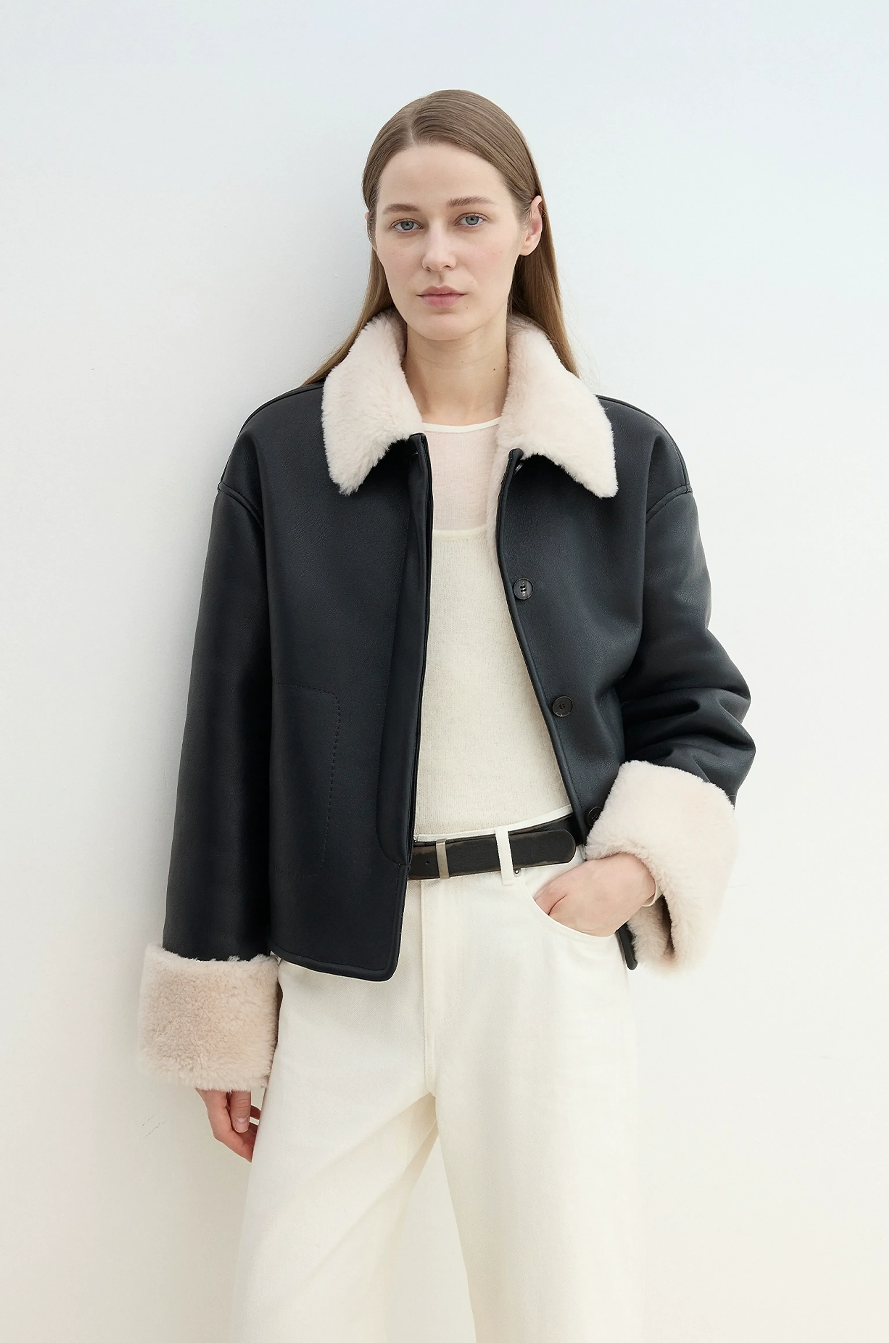 Latte Lapel Shearling Coat - Image 4