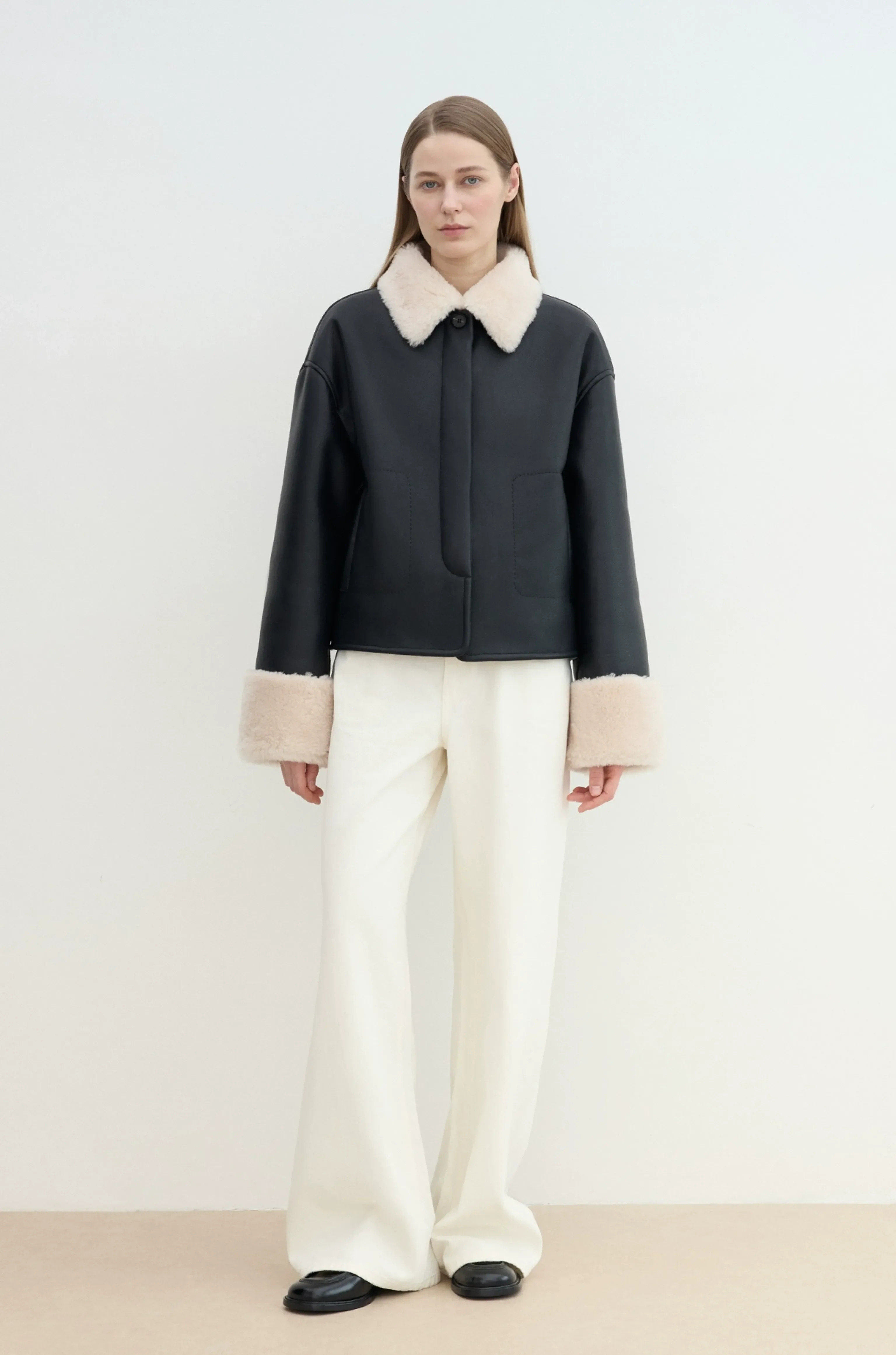 Latte Lapel Shearling Coat - Image 5