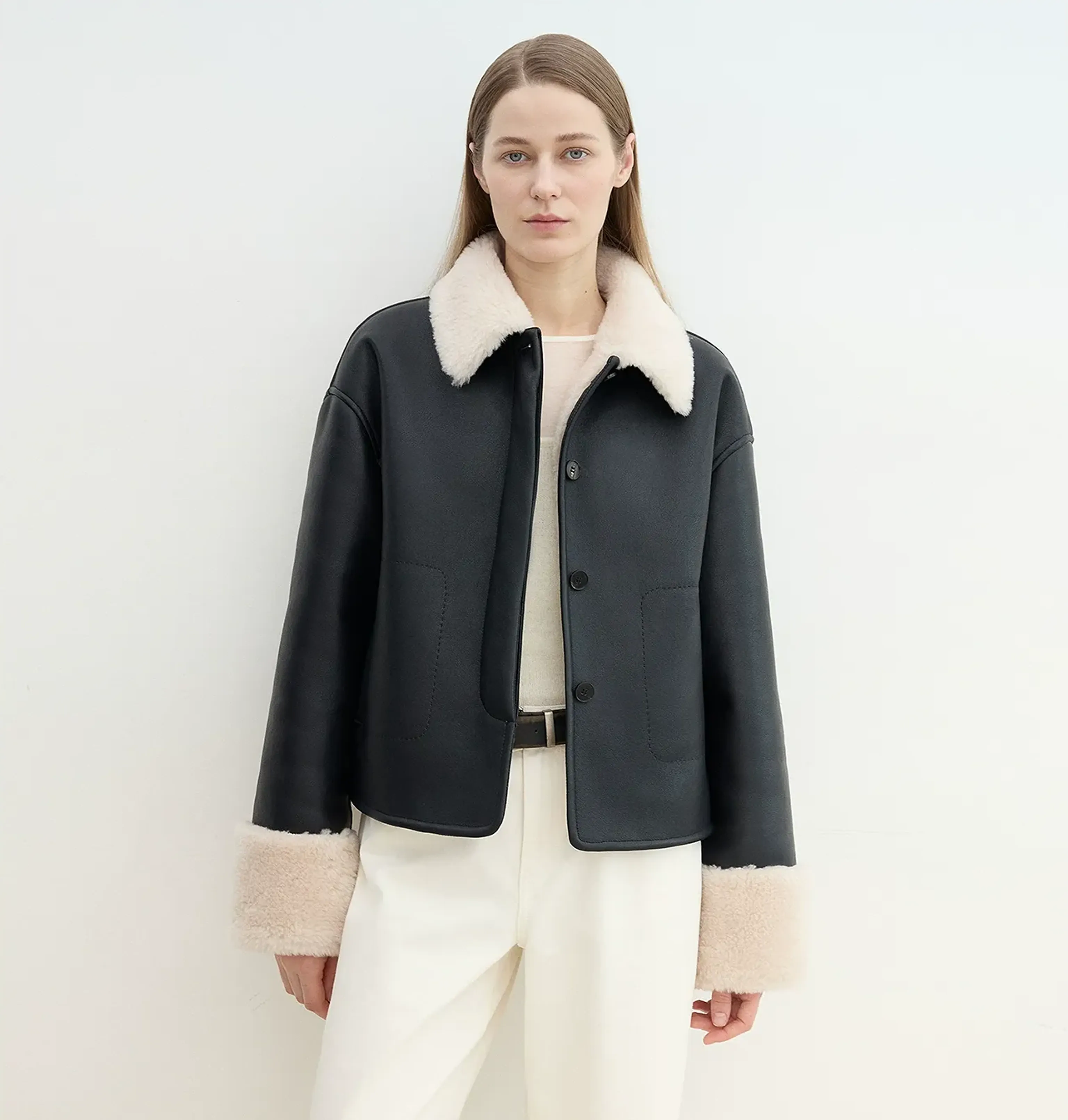 Latte Lapel Shearling Coat - Image 6