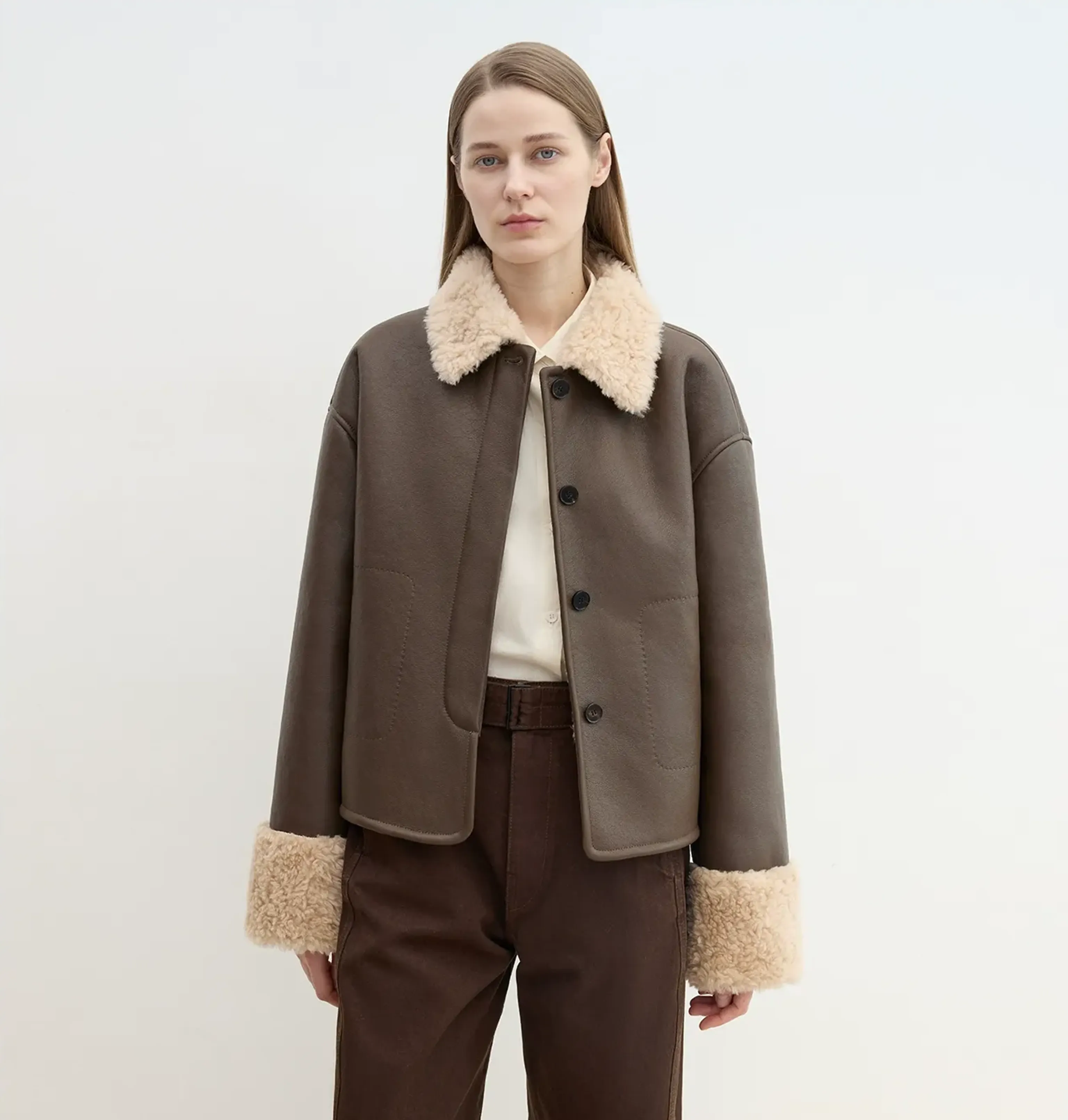 Latte Lapel Shearling Coat - Image 7