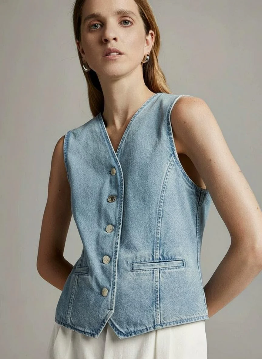Layered V-Neck Denim Vest - Image 4