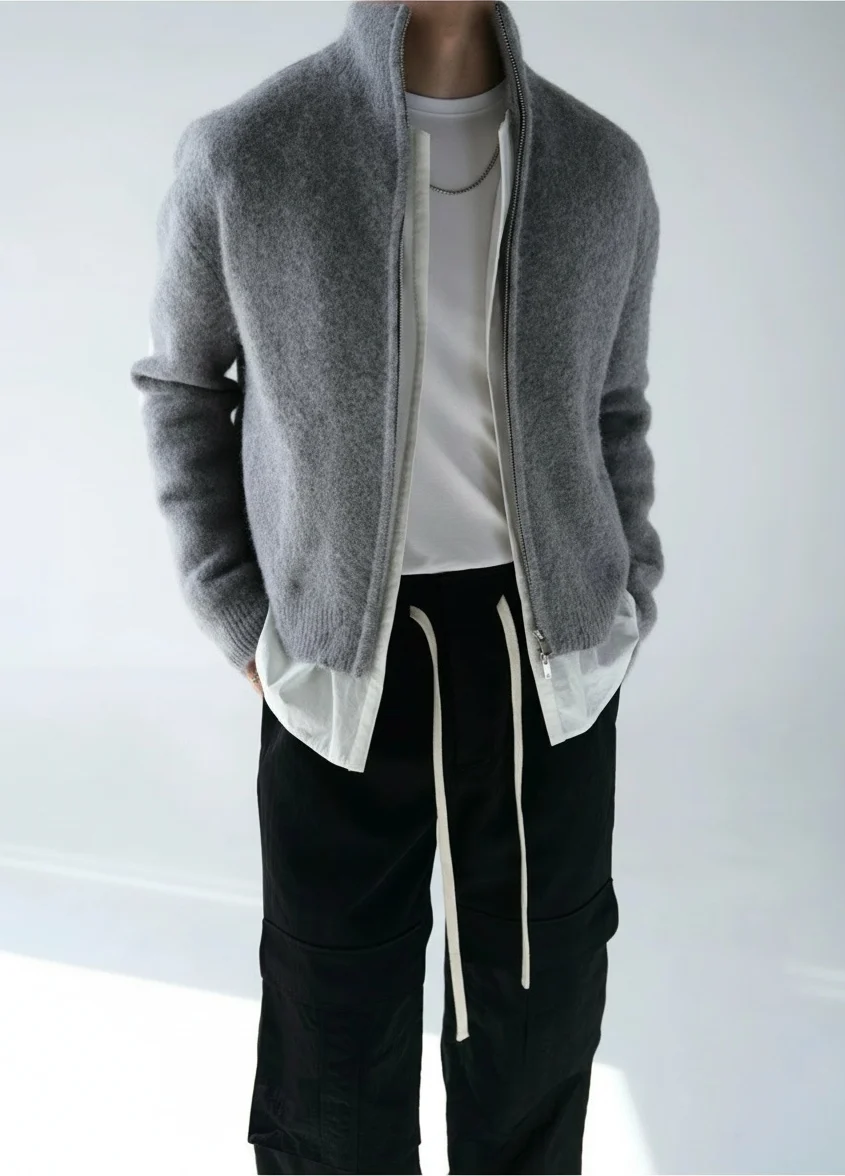 Layered Yak-Alpaca Zip Cardigan
