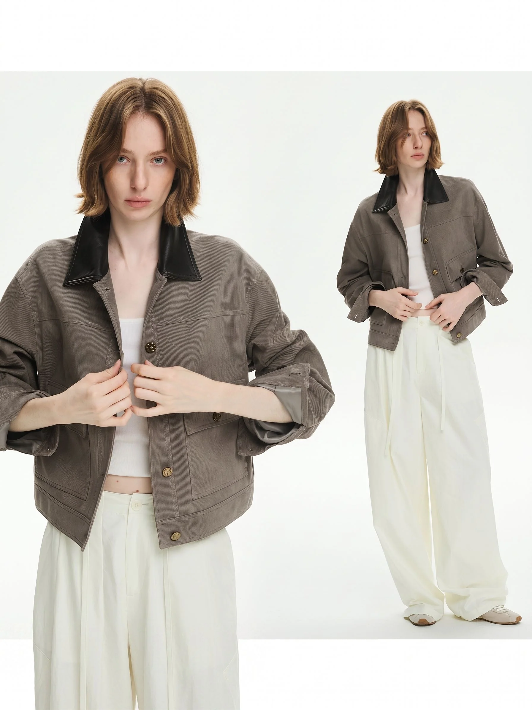 Leather Collar Corduroy Jacket