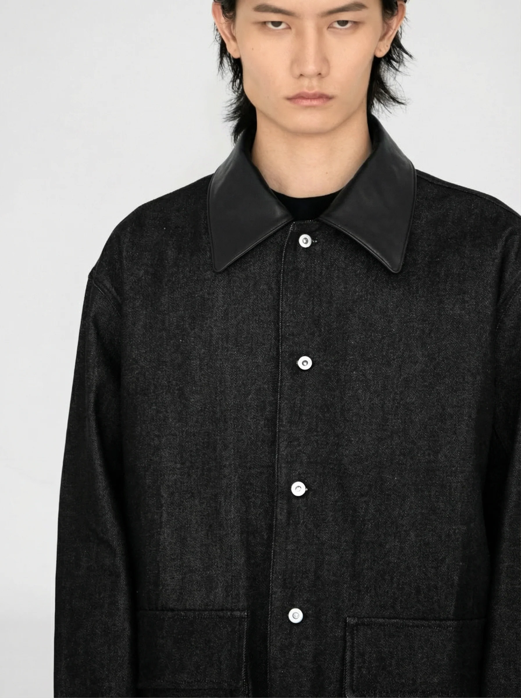 Leather Collar Raw Denim Jacket - Image 2